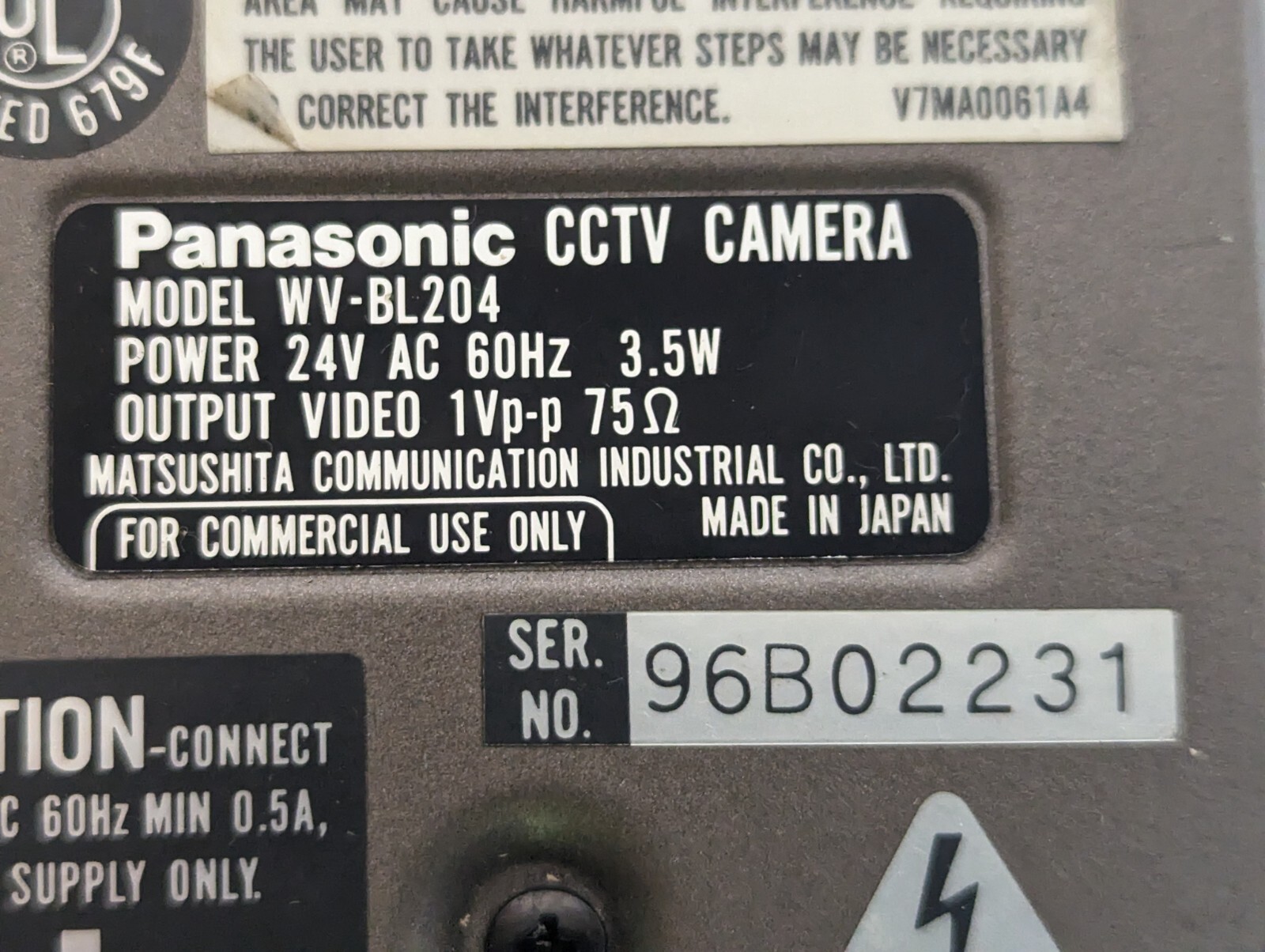 Panasonic WV-BL204 B & W CCD cctv security camera no lens ASIS Parts or Repair