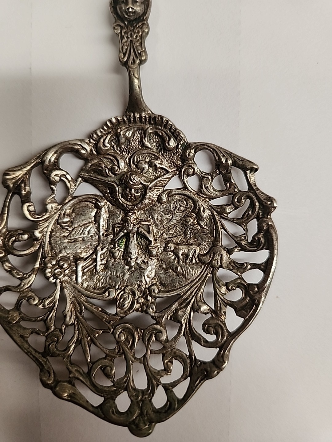 Antique Dutch Silver Tea Strainer / Spoon - Windmill & Ship Finial - 30.74g , 6"