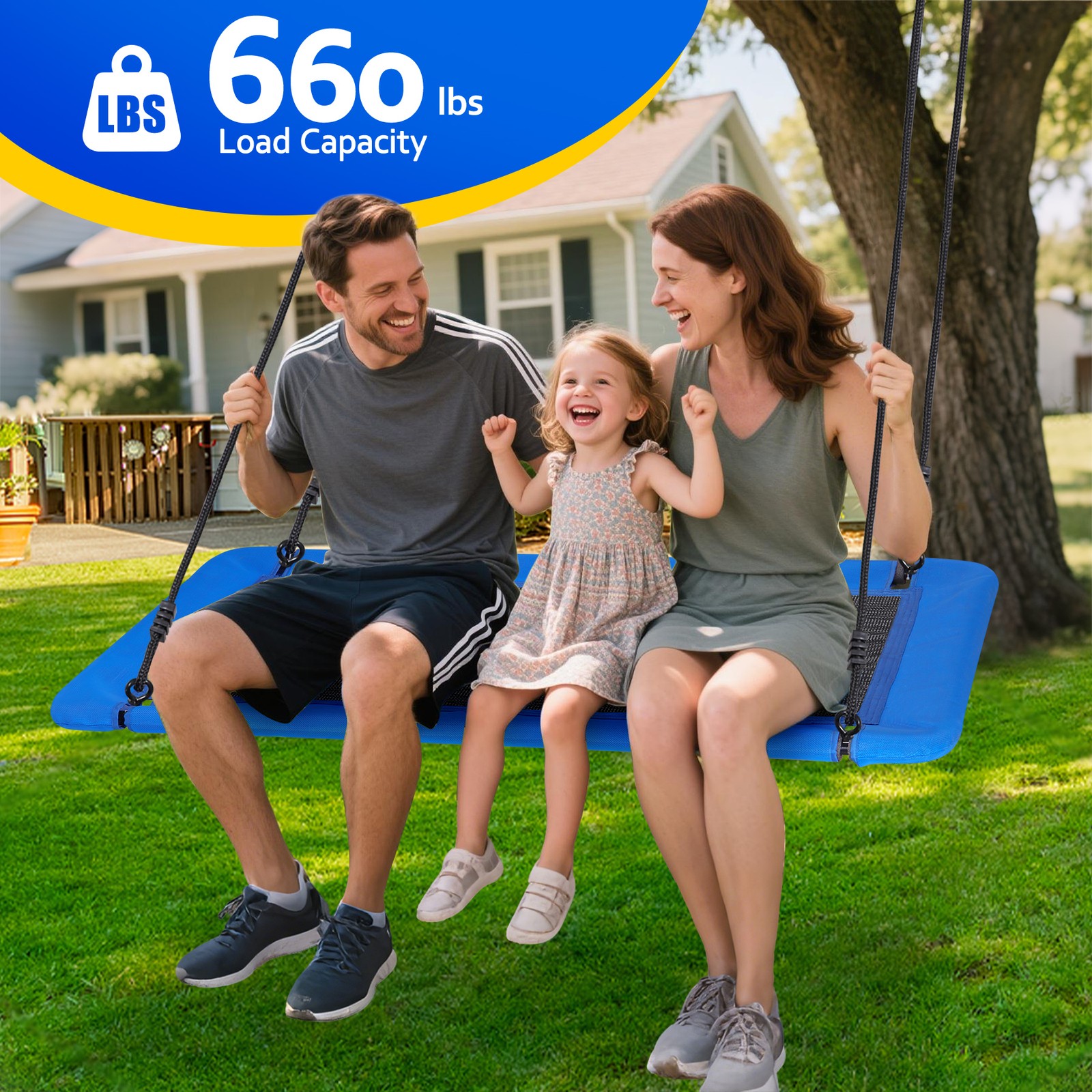 60" Rectangle Platform Tree Swing for Kids and Adults with 2 Hanging Straps Blue