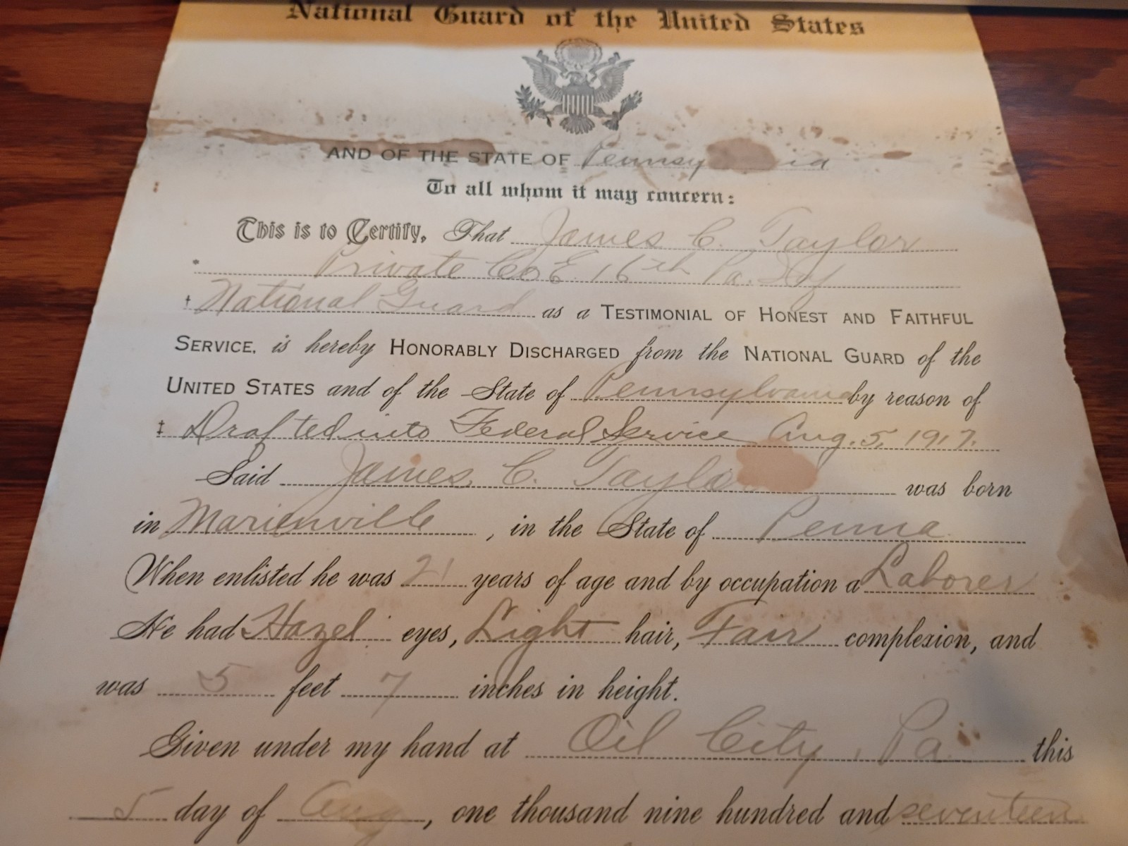 1917 US Army National Guard Honorable Discharge Certificate Marienville PA