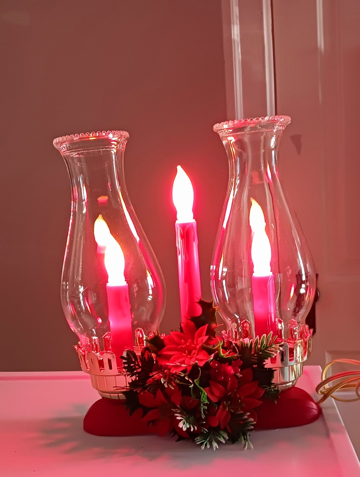 Vintage Christmas Flocked Poinsettia Hurricane Duel Chimney Electric Candle