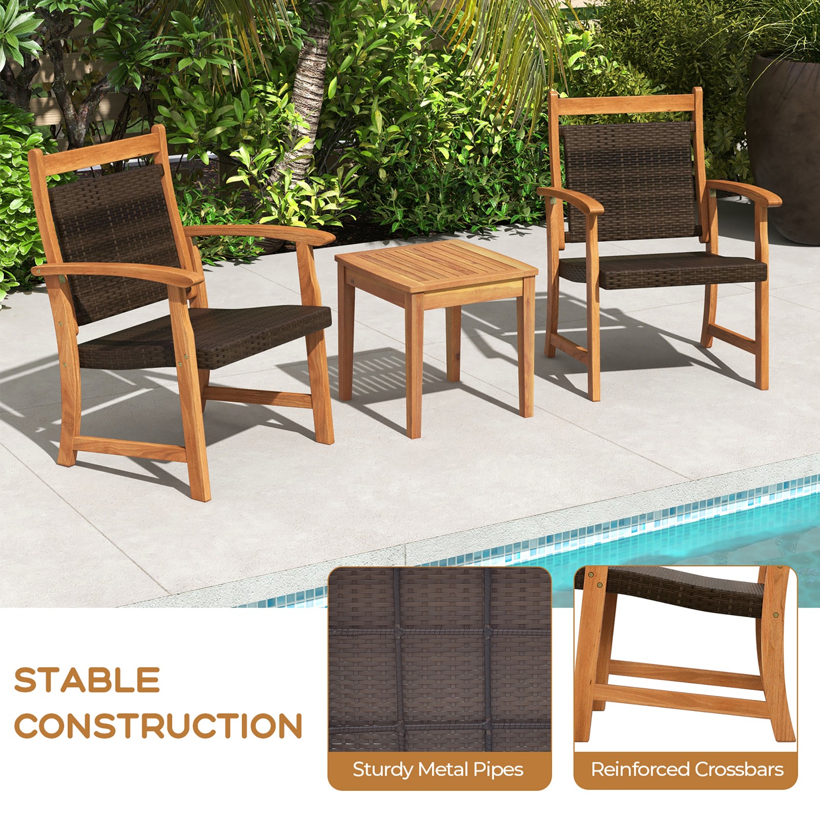 3PCS Patio Acacia Wood Rattan Bistro Set Outdoor Conversation Furniture Set
