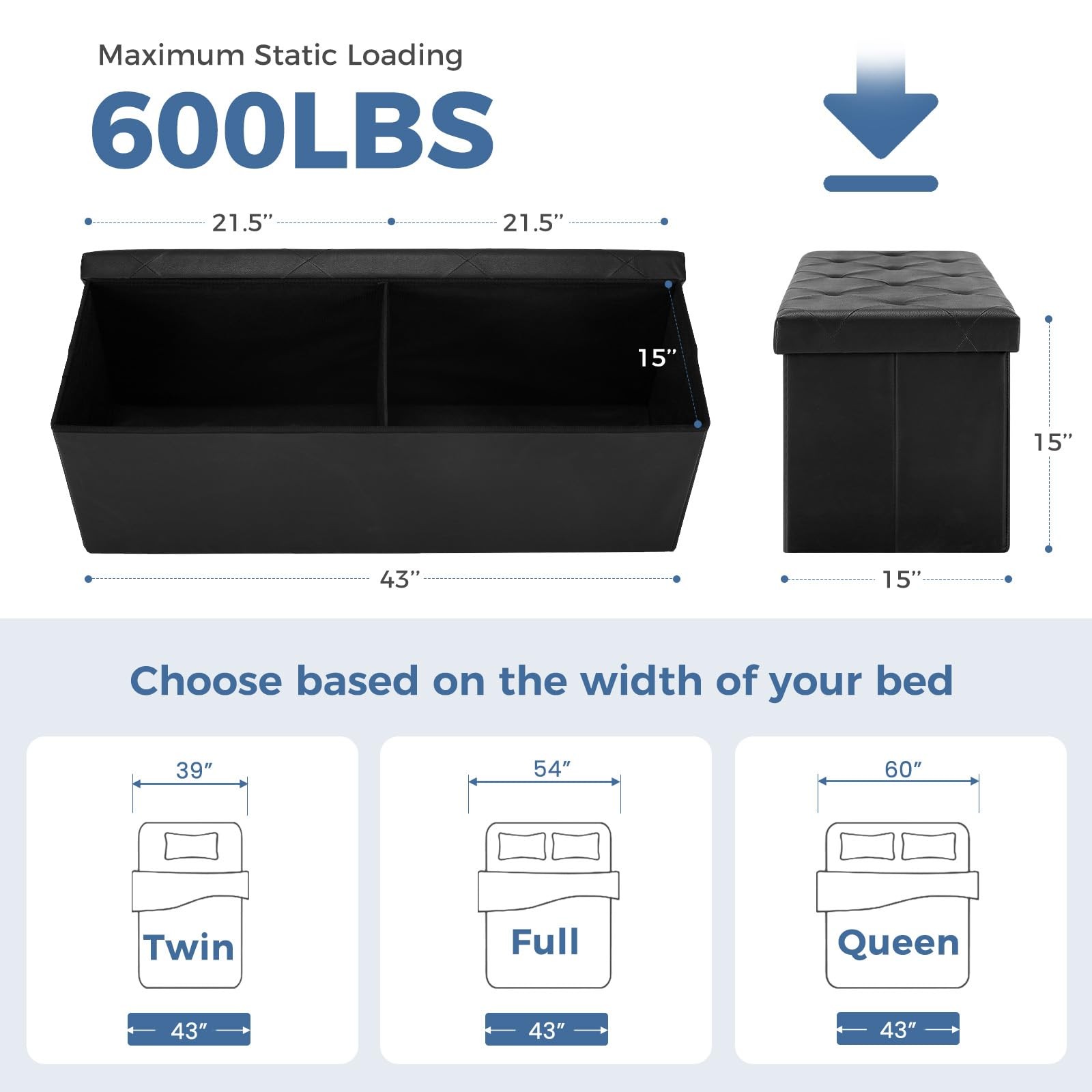 43 Inches Foldable Storage Ottoman Bench, Foot Rest Stool, Synthetic Leather ...