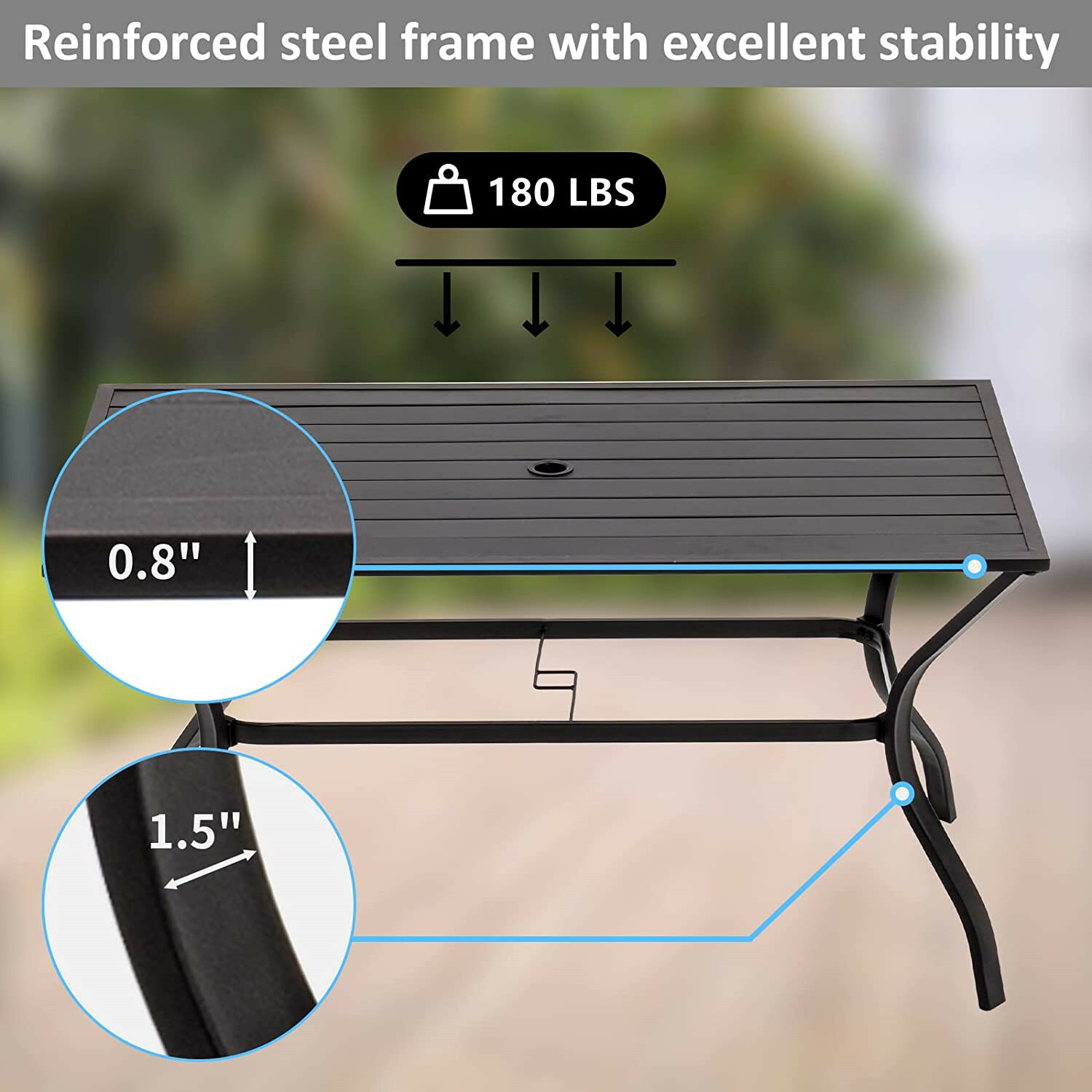 60" Outdoor Dining Table Metal Rectangular Patio Dining Table with Umbrella Hole