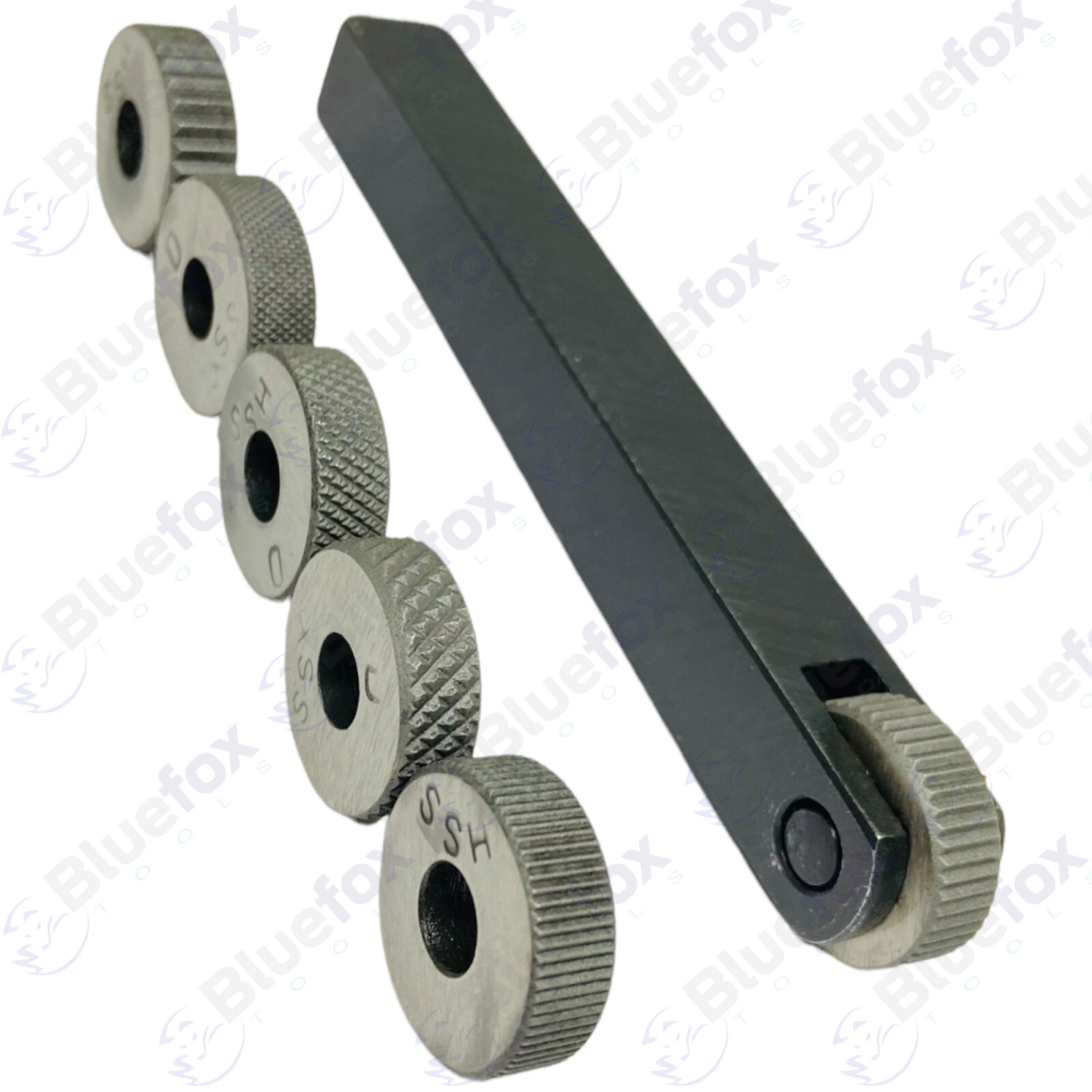 Single wheel knurling tool holder with 6 HSS knurls SHANK 1/2X 1/2 x 4'