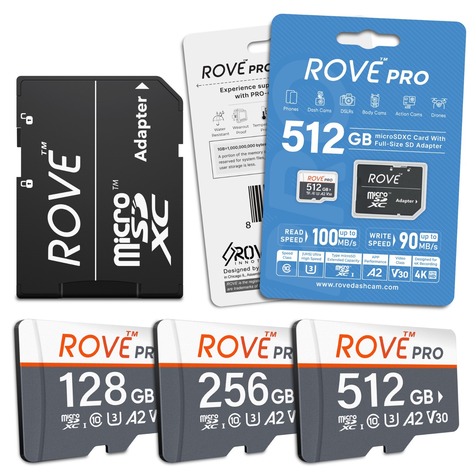 ROVE PRO microSD Card for Dash Cam Memory Card 128, 256, 512 GB, with SD Adapter
