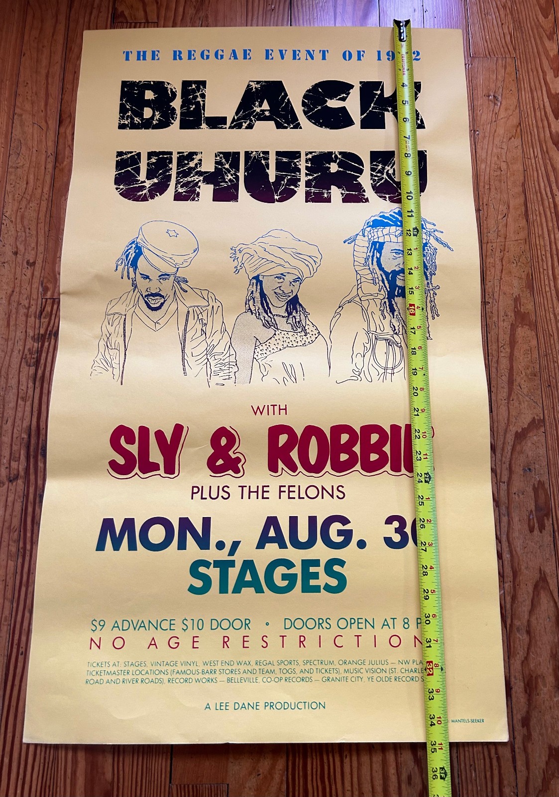 Vintage Black Uhuru Reggae Poster 1982 St. Louis MO Sly & Robbie 20x35 Stages