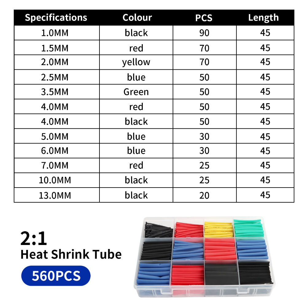 560 PCS. 2:1 HEAT SHRINK TUBING TUBE SLEEVING WRAP CABLE WIRE 5 COLORS 12 SIZES