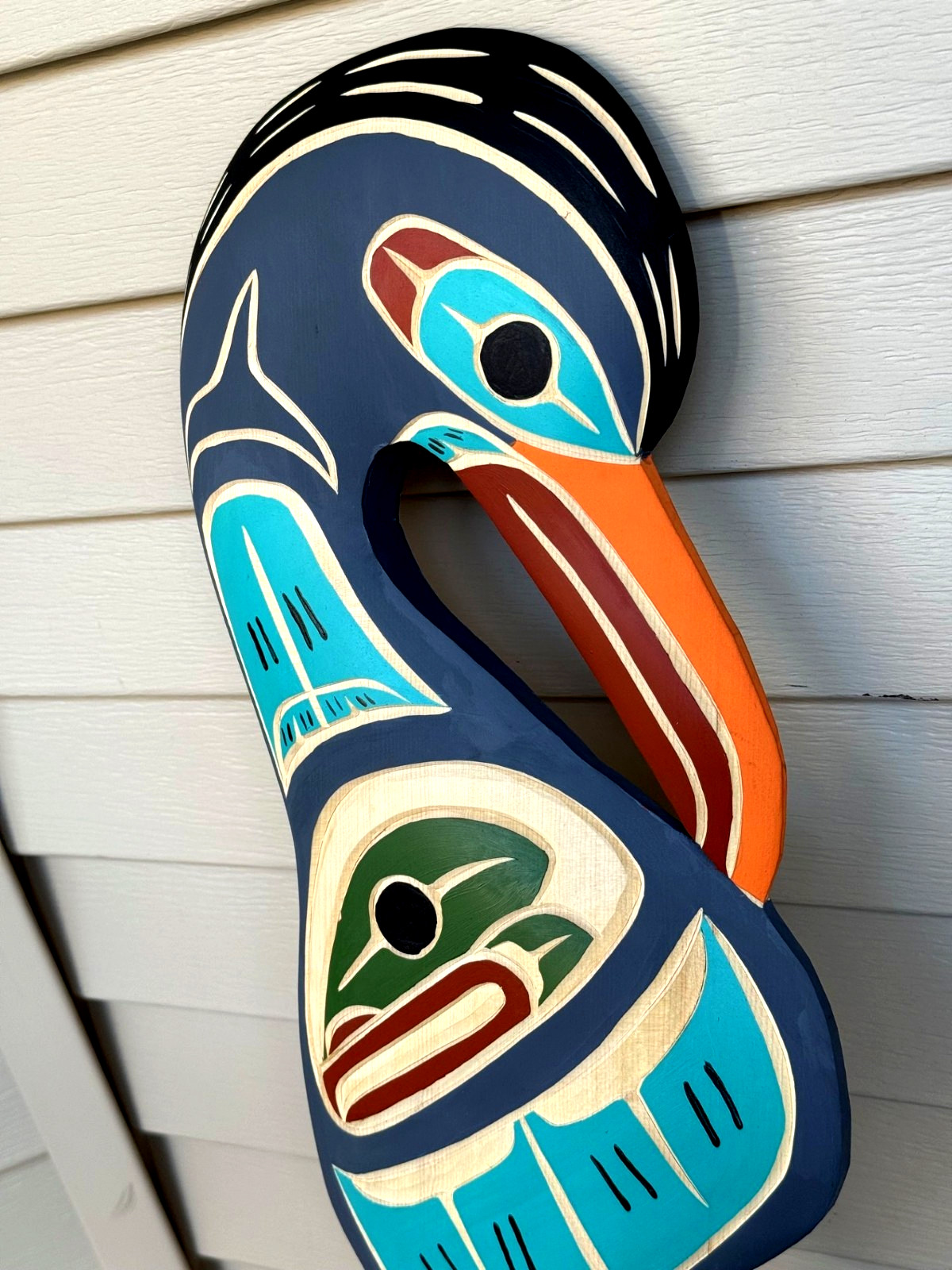 Northwest Coast Native Huge Detailed Yellow Cedar Baby Heron with salmon