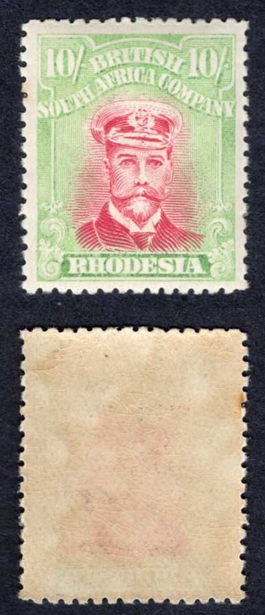 Rhodesia SG310 10/- Carmine and yellow-green M/M (tone spot) Cat 300 pounds