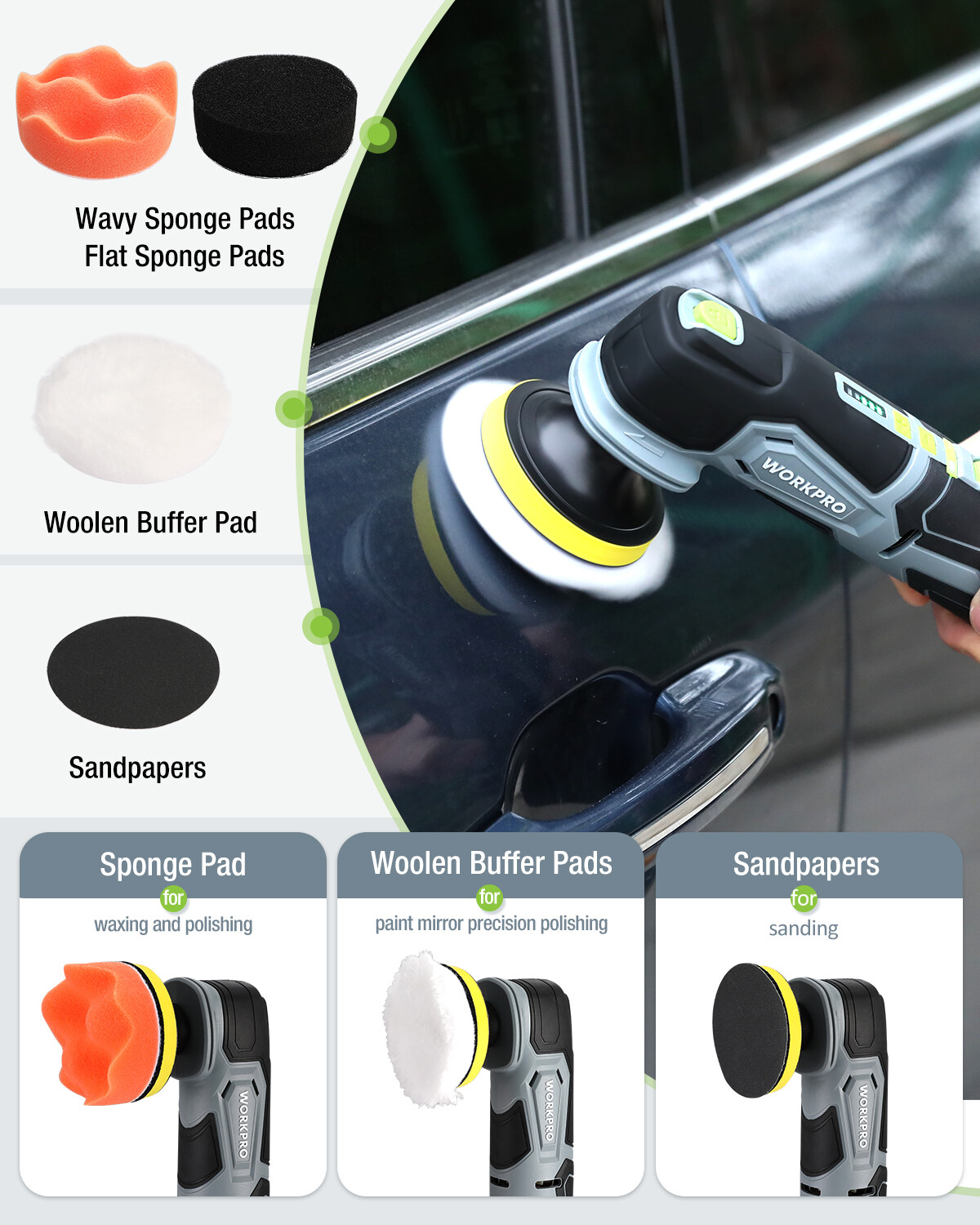 WORKPRO 12V Cordless Mini Buffer Polisher Kit 5 Variable Speed 600-3000RPM w/Bag