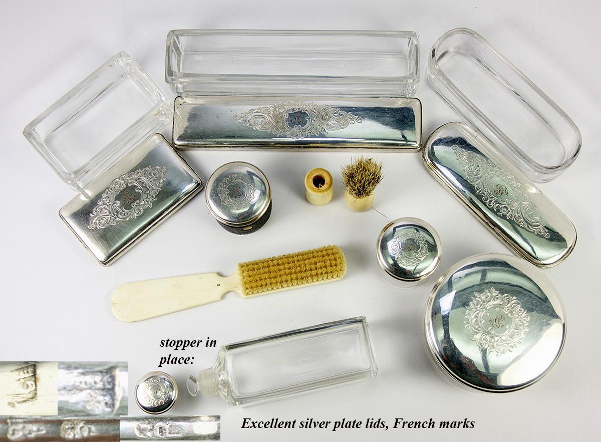 Antique French Vanity Travel Set, Hardwood Case by DUBREUIL, Inkwell & Jars