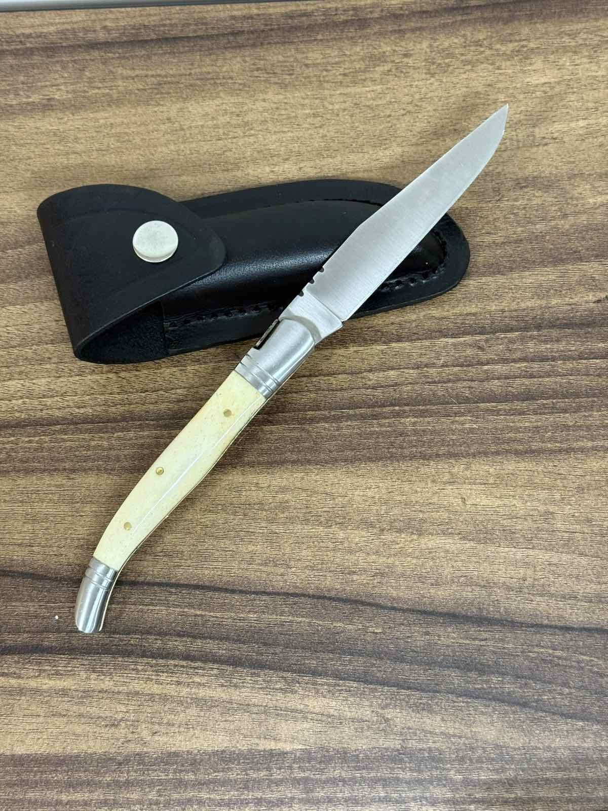 Vintage Laquiole Pocket Knife Blade Steel Antler Handle Leather Sheath Mens Rare