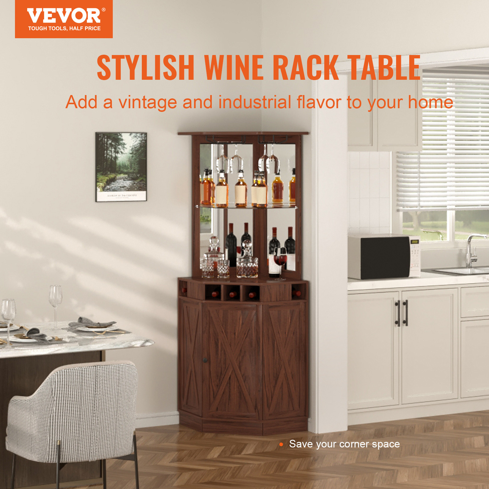 VEVOR Industrial Bar Cabinet Wine Bar Table with Glass Holder for Liquor & Glass