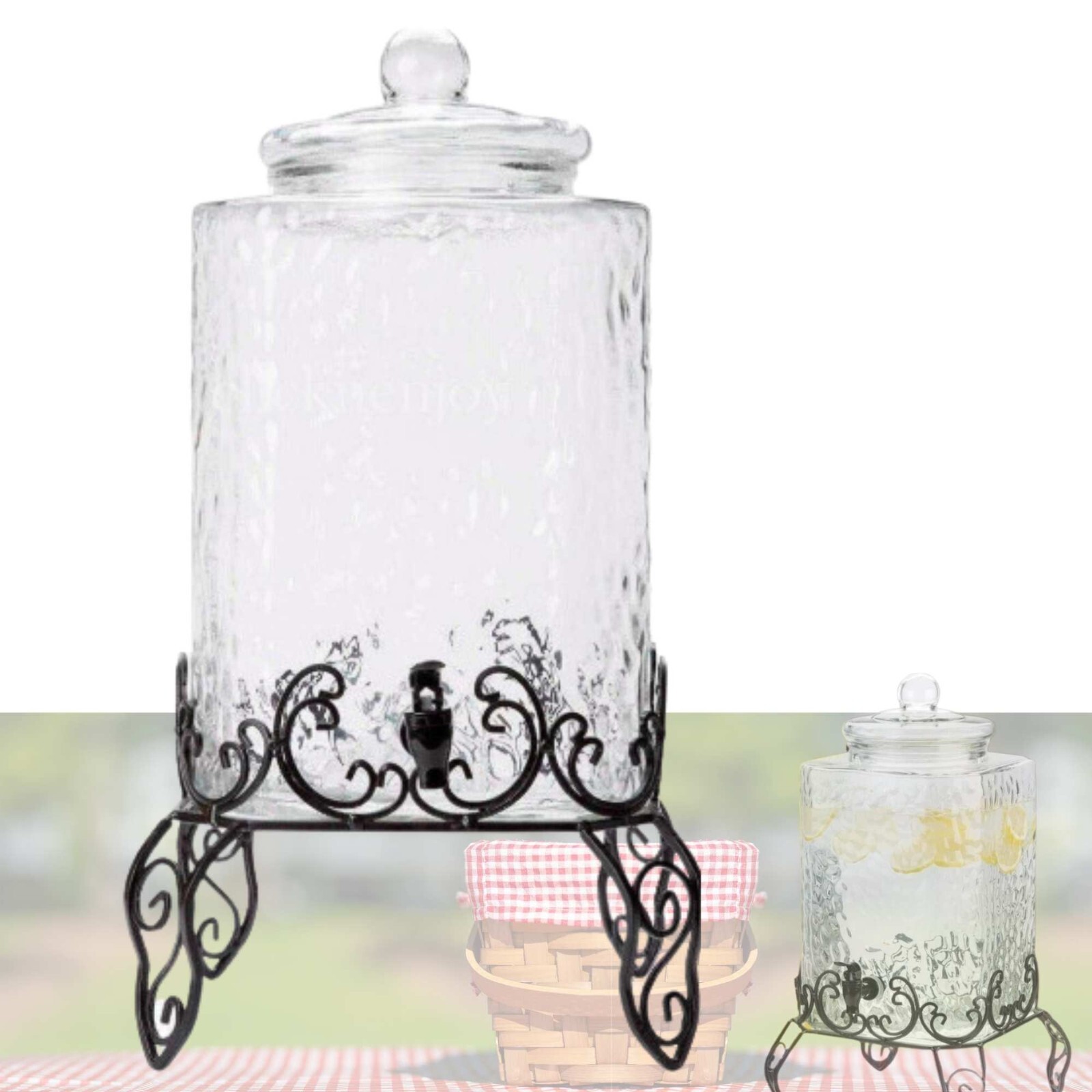 5 Gallon Hammered Glass Beverage Dispenser with Metal Stand - FAST SHIPMENT