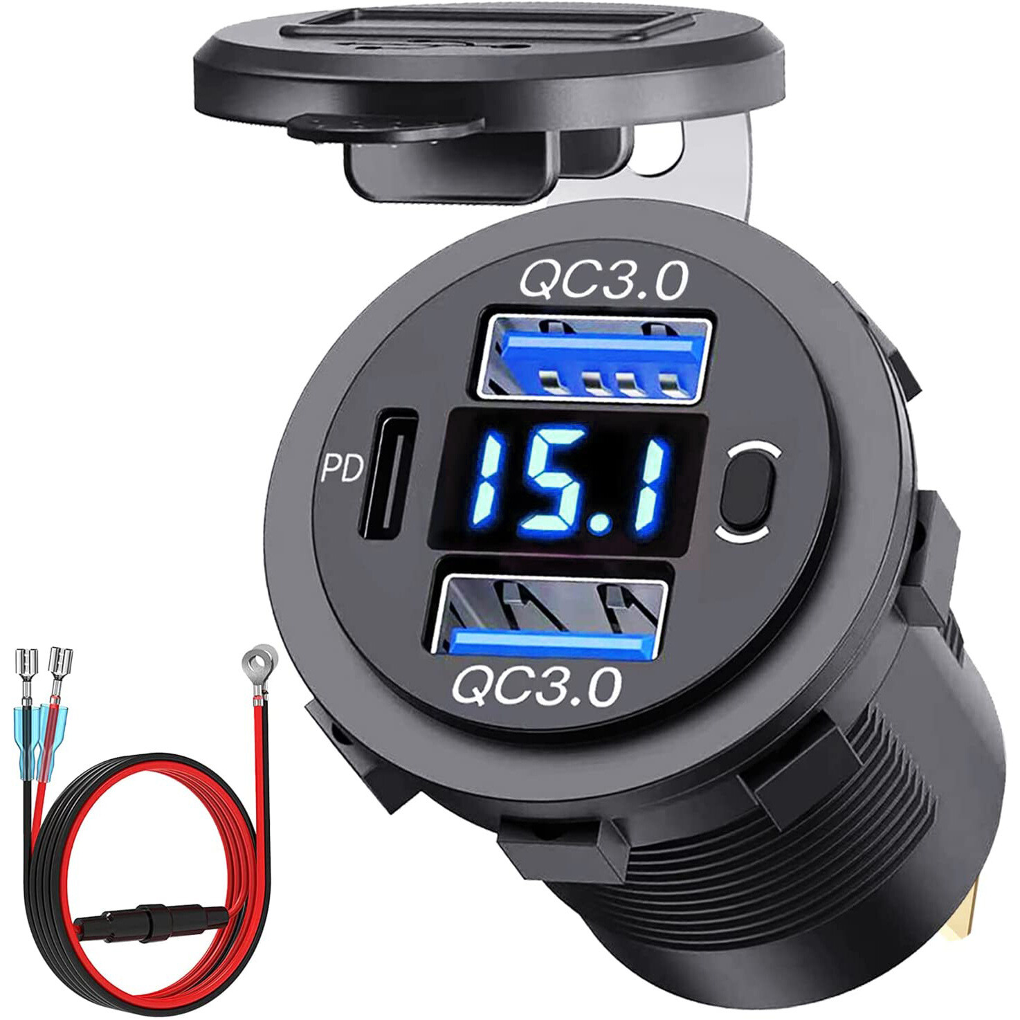 12V-24V PD + QC3.0 Dual USB Car Fast Charger Power Socket Outlet LED Voltmeter