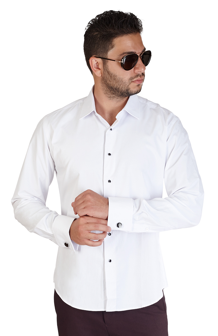 Men No Tag Lay Down White Tuxedo Dress Shirt Slim Fit Bow Cufflinks Studs AZAR