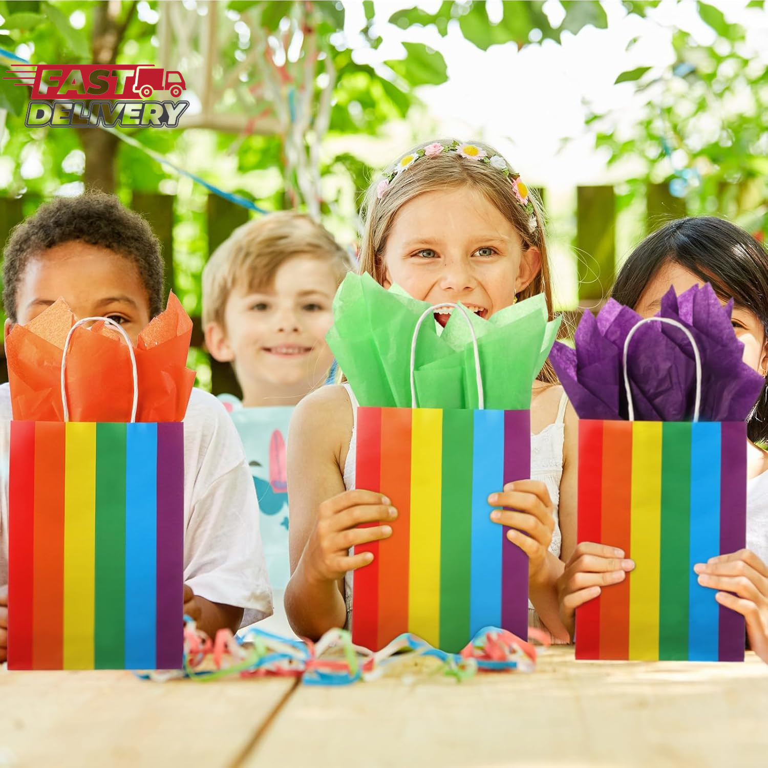 Taobary 36 Pcs Rainbow Party Treat Bags Rainbow Gift Bags Colorful Stripes Kraft