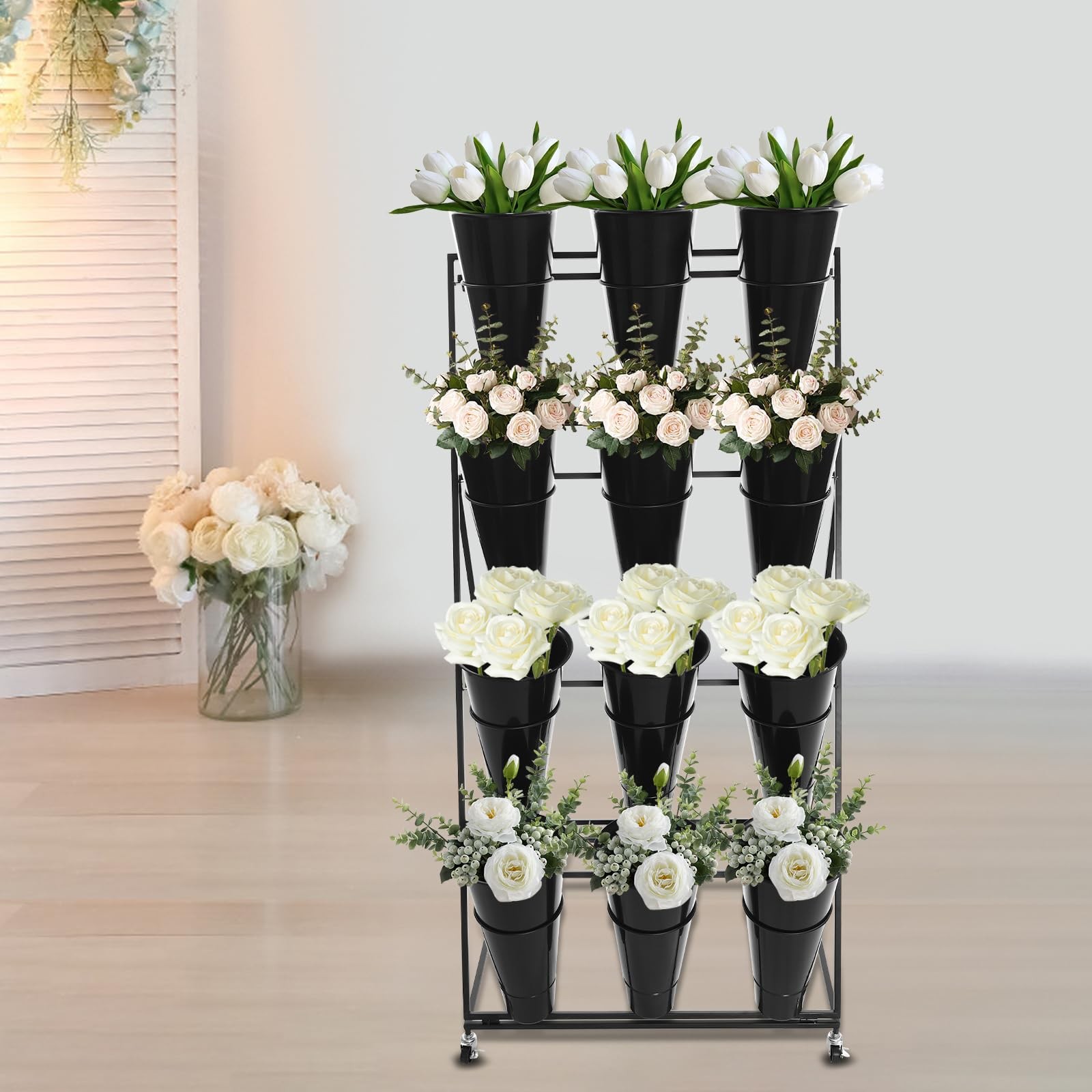4 Tier Metal Flower Stand with 12 Buckets and Wheels for Florist Garden Outdoor