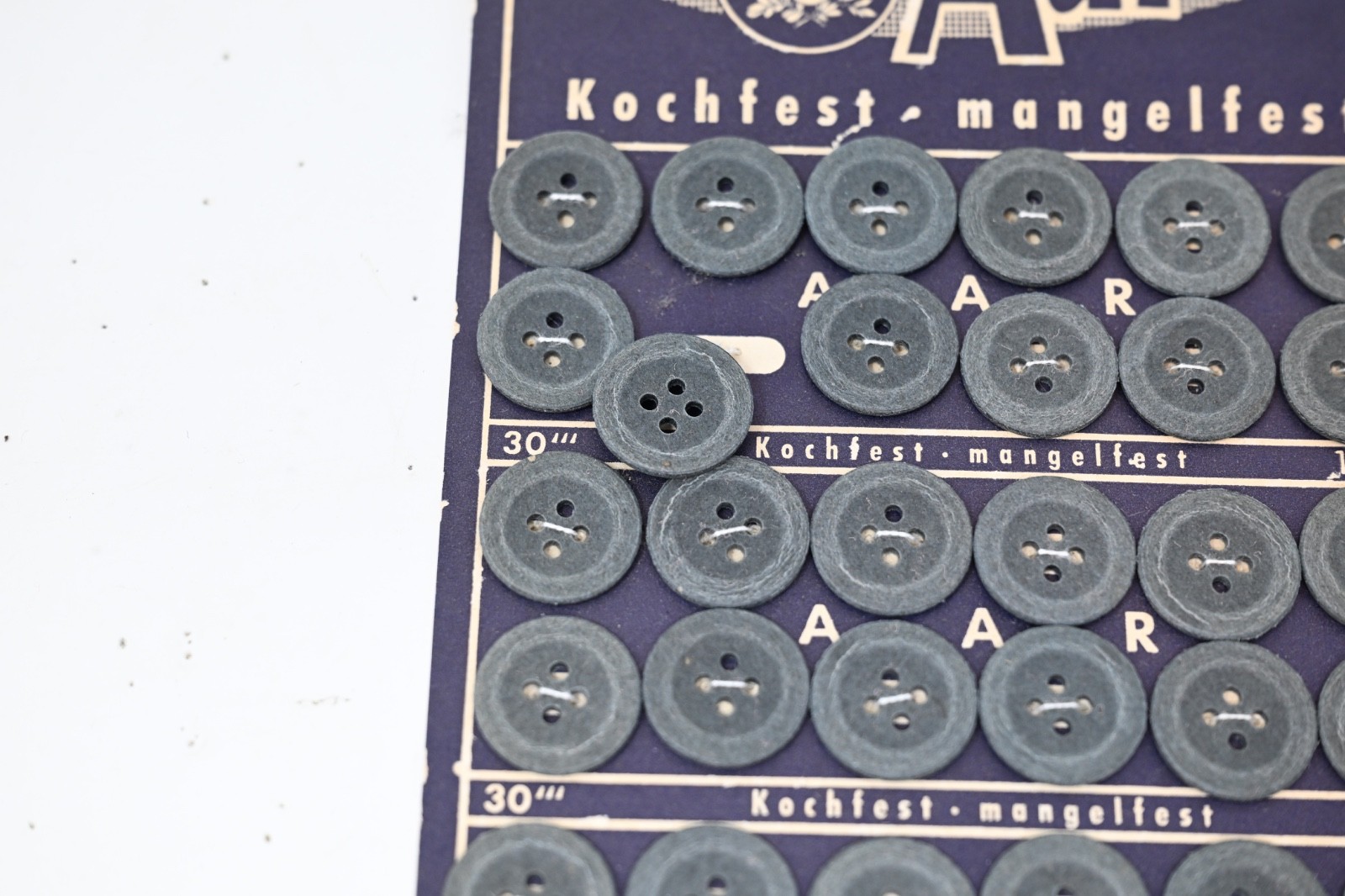 WWII German Original Sheet of Grey Uniform Buttons On Original Card with Box