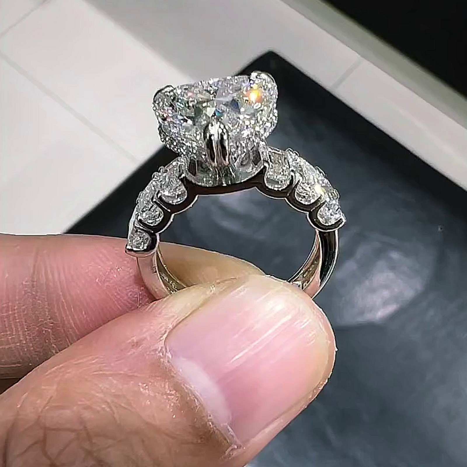 5.45CTW Heart Cut Moissanite Half Eternity Engagement Ring 14K White Gold Plated