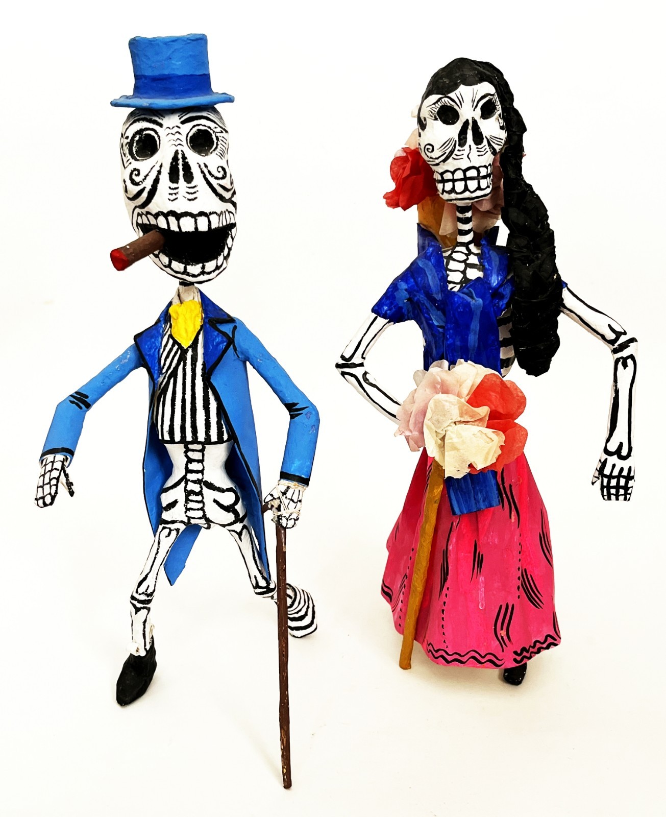 2 1970s SIGNED LINARES MEXICAN CARTONERIA PAPER MACHE SKELETON CATRINA SCULPTURE