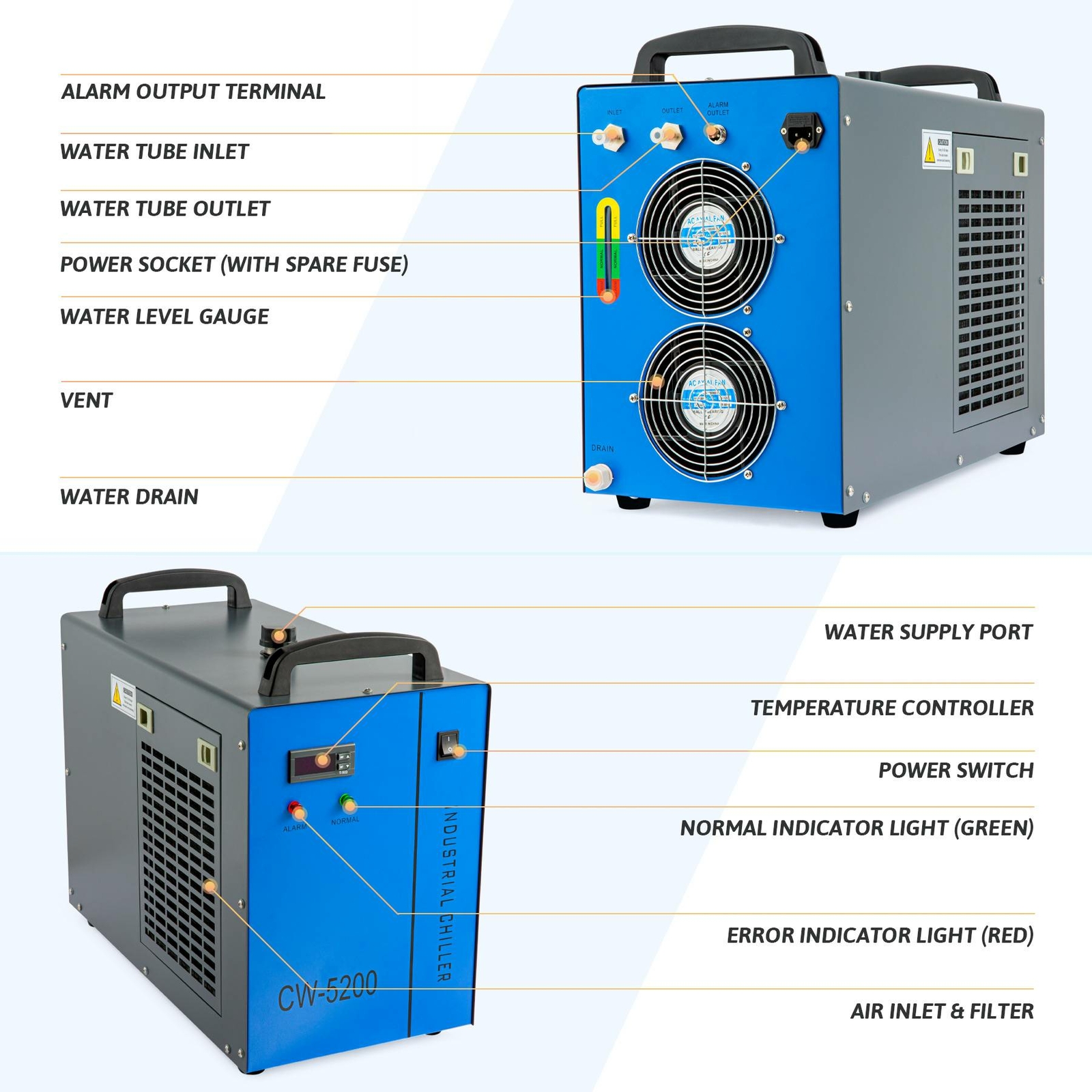 OMTech CW-5200 Industrial Water Chiller for CO2 Laser Engraving Cutting Machines