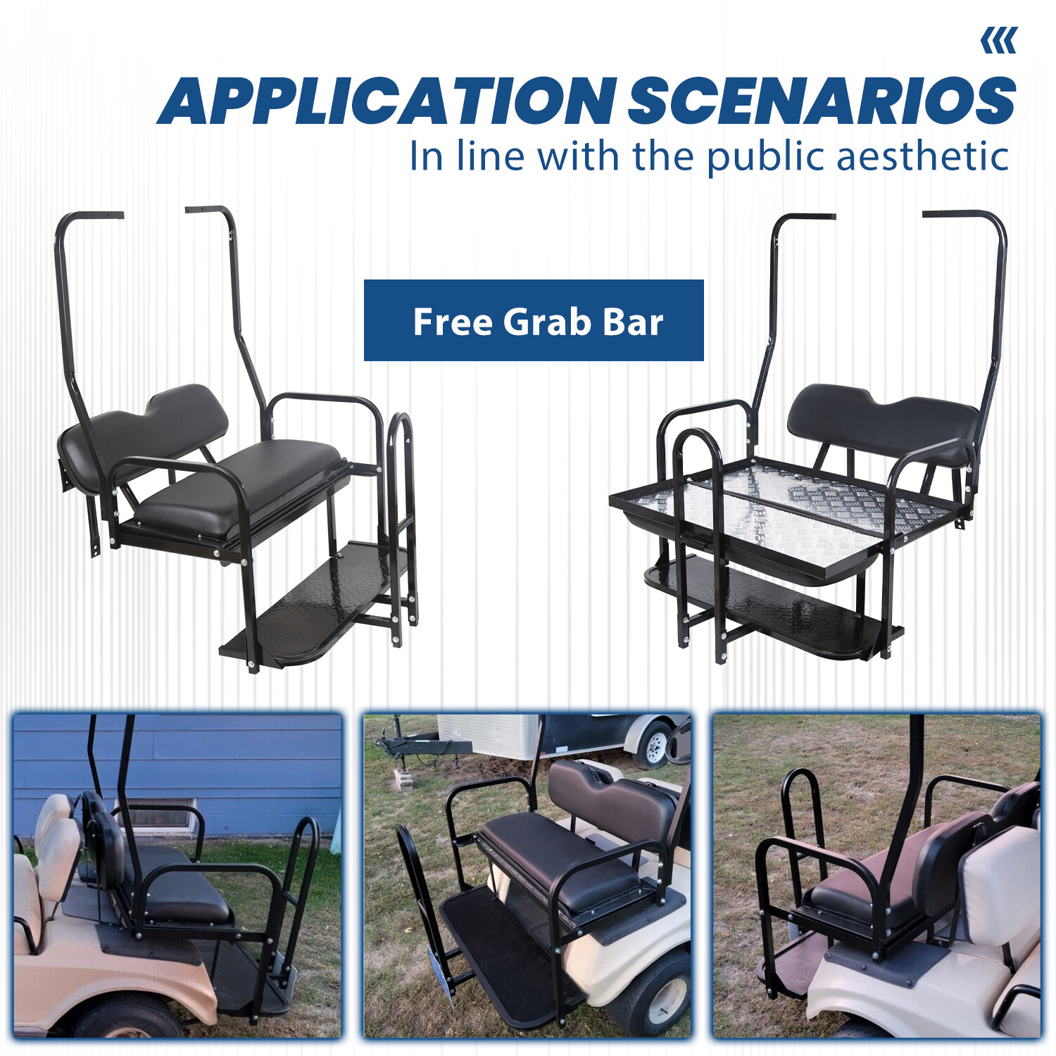 For 1982-2000 Club Car DS Golf Cart Flip Folding Rear Seat Kit w/ Grab Bar black