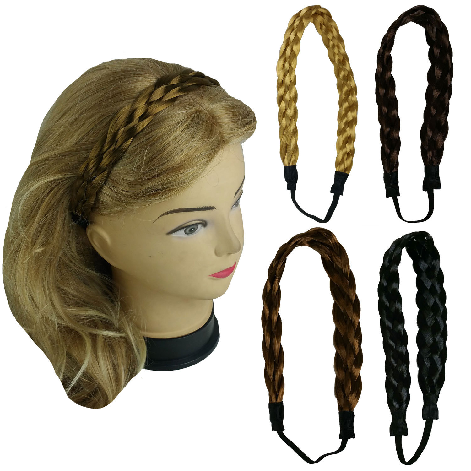 Synthetic Hair Band Plaited Headband Braided with Elastic 3/4"~1" Wide
