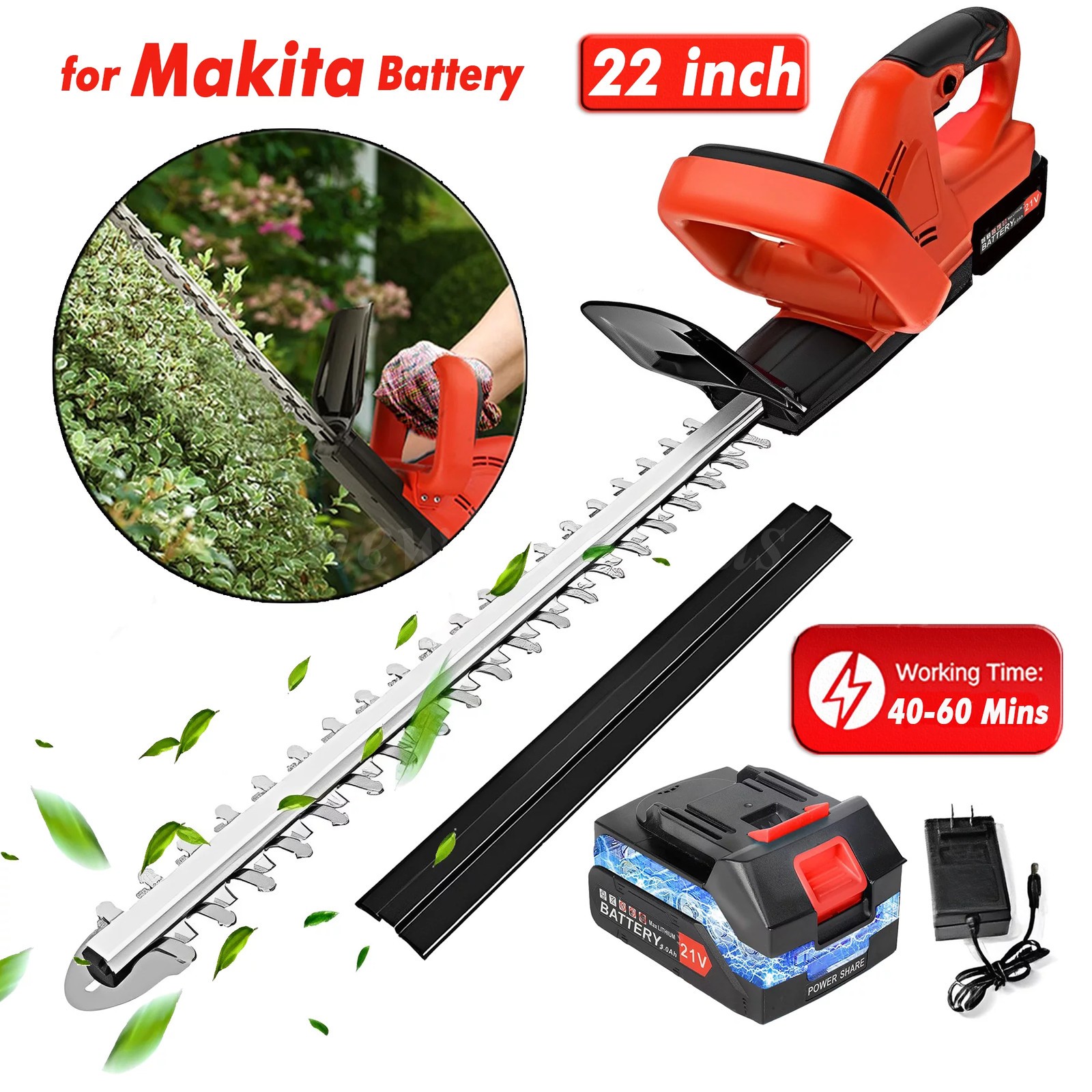22in Hedge Trimmer for Makita 24V Battery Cordless Electric Hedge Bush Trimmer