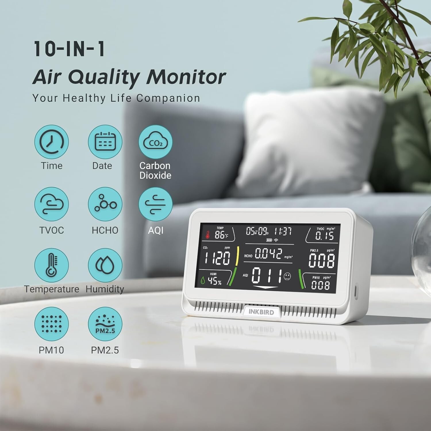 INKBIRD Air Quality Monitor Indoor Co2 Detector Portable 10-in-1 PM2.5 HCHO AQI