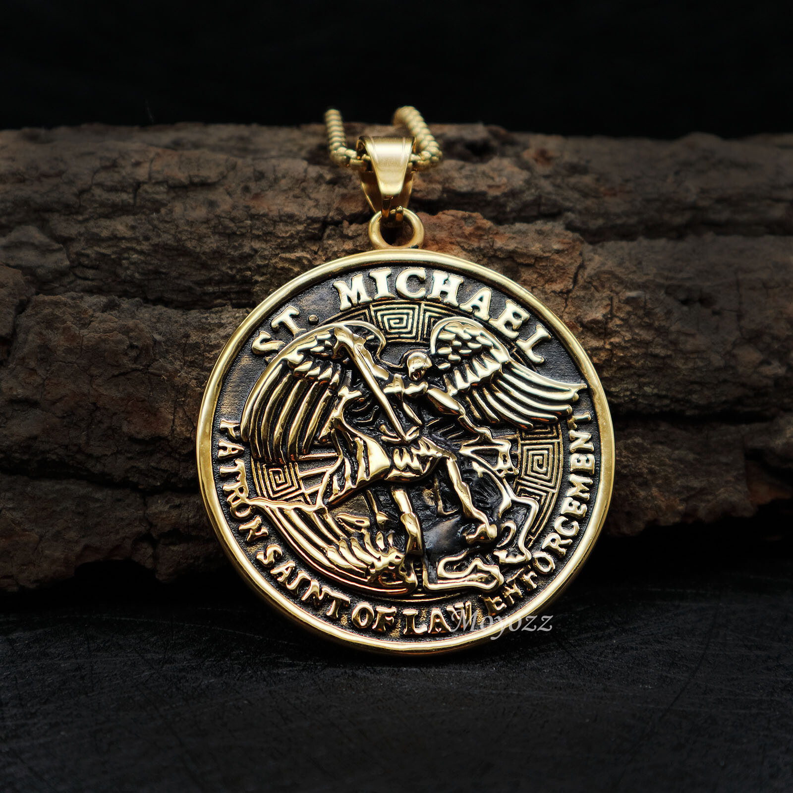 St Saint Michael Archangel Gold Angel Medal Pendant Necklace Stainless Steel