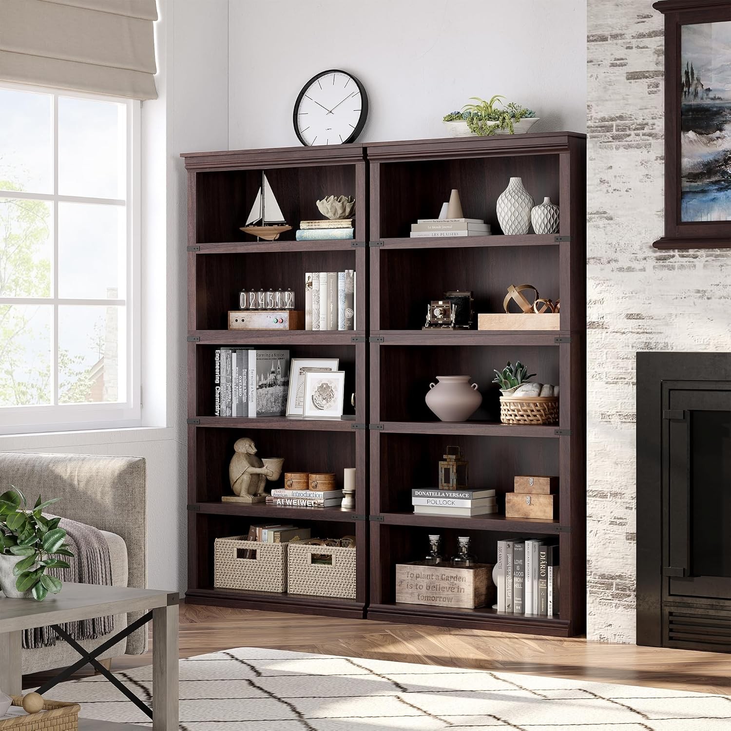 Cherry 5-Tier Wooden Bookcase with Open Display Shelves for Home Office