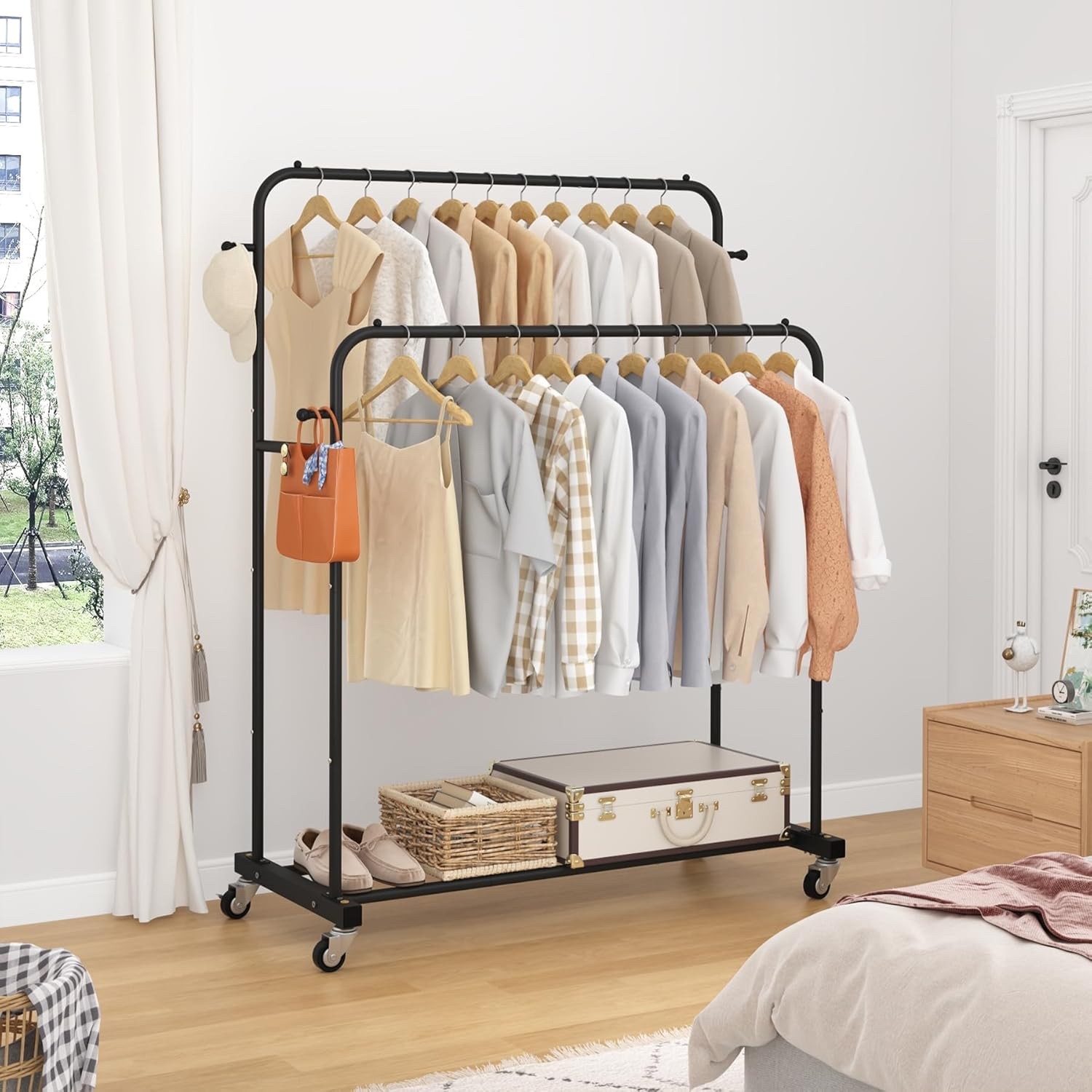 Laiensia Double Rods Garment Rack with Wheels, Clothing Rack for Hanging Clothes