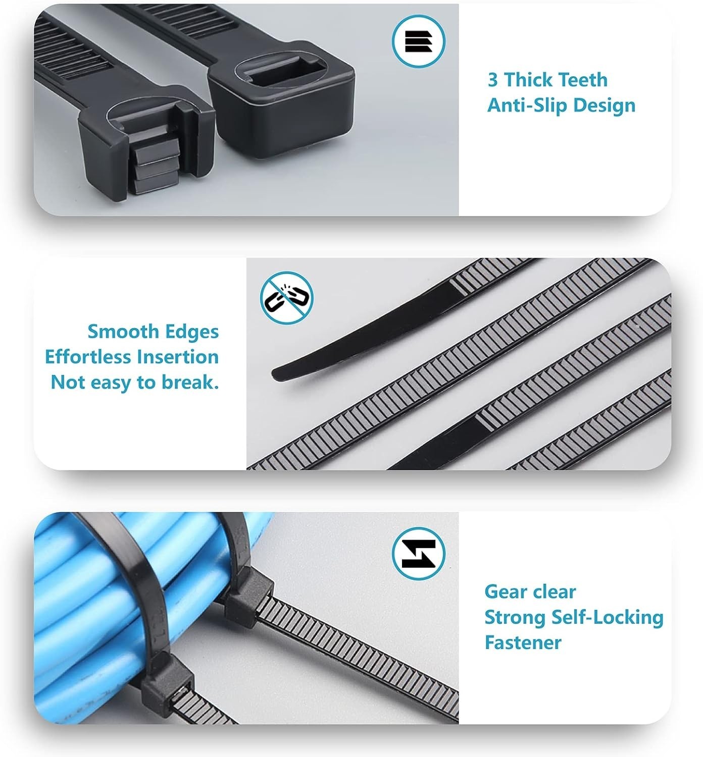 Zip Cable Ties Assorted Sizes(4”+6”+8”+12”) Heavy duty Nylon Black UV Resistant