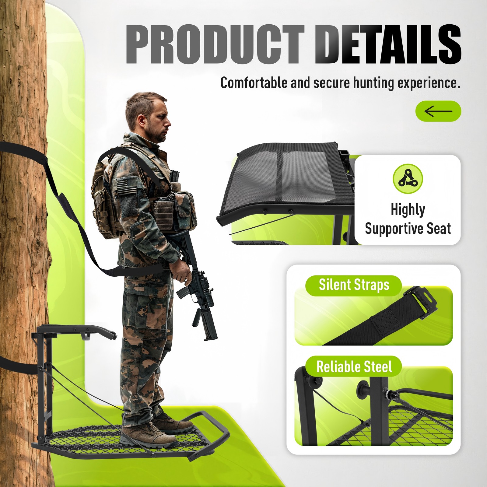 Lightweight Steel Hang-On Tree Stand Platform 26x32" W/ Flip-Back Seat 300LBS