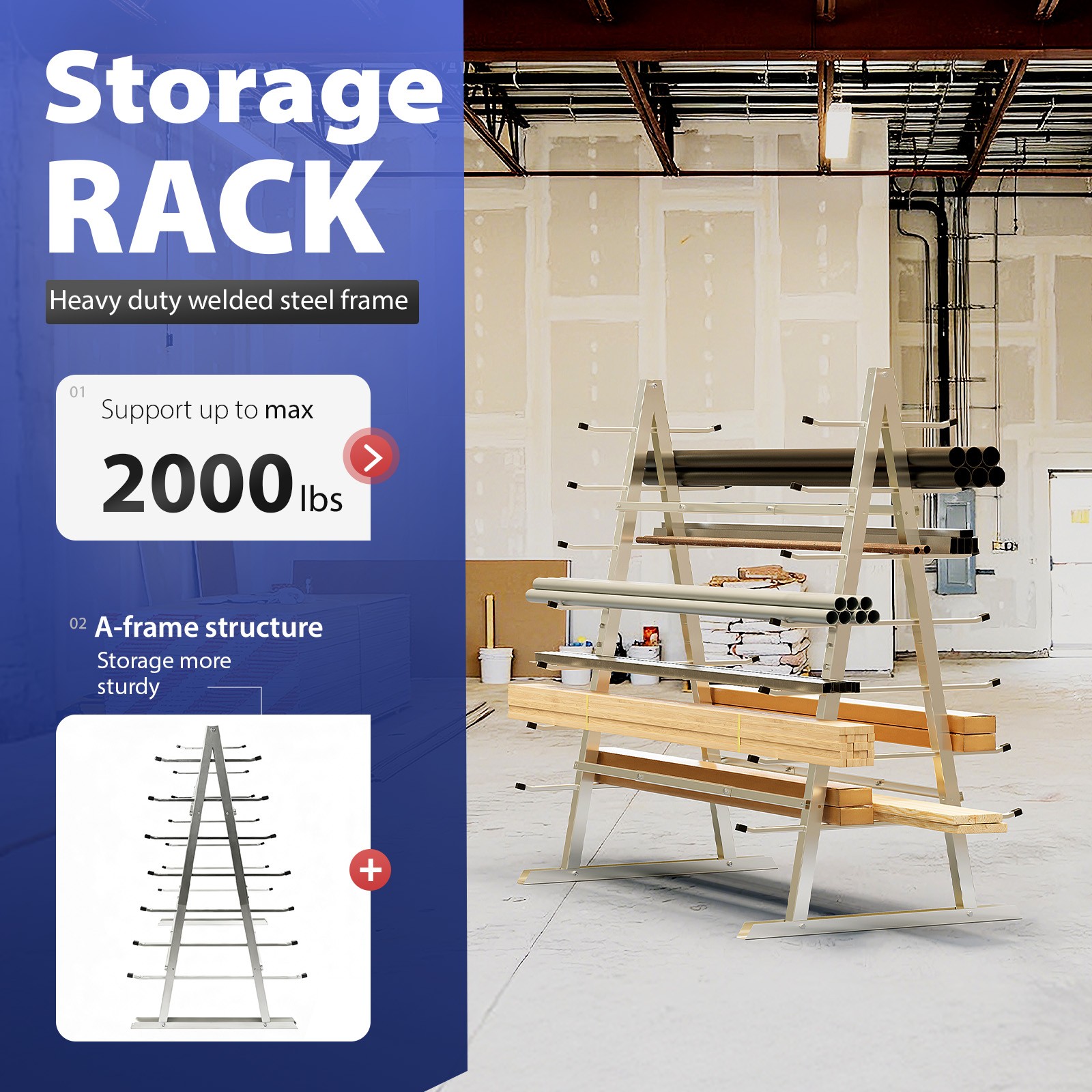 7-Tier Horizontal Storage Rack 5FTx 3FTx5 1/2FT Floor Standing Lumber For Garage