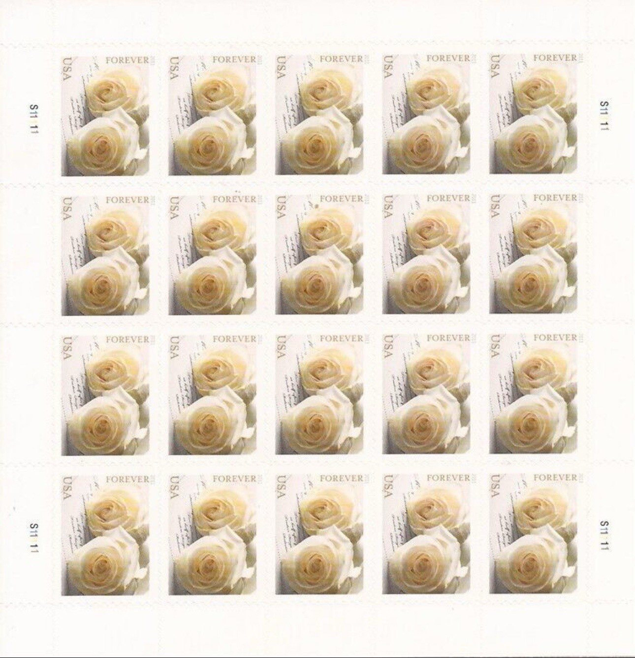 2011 USPS SHEET OF 20 FIRST CLASS LETTER STAMPS WEDDING ROSES 73¢