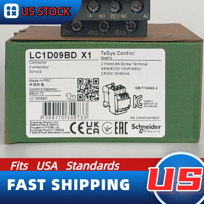 LC1D09BD Schneider New Contactor: 3 phase 3 NO, 24VDC coil, US In-Stock
