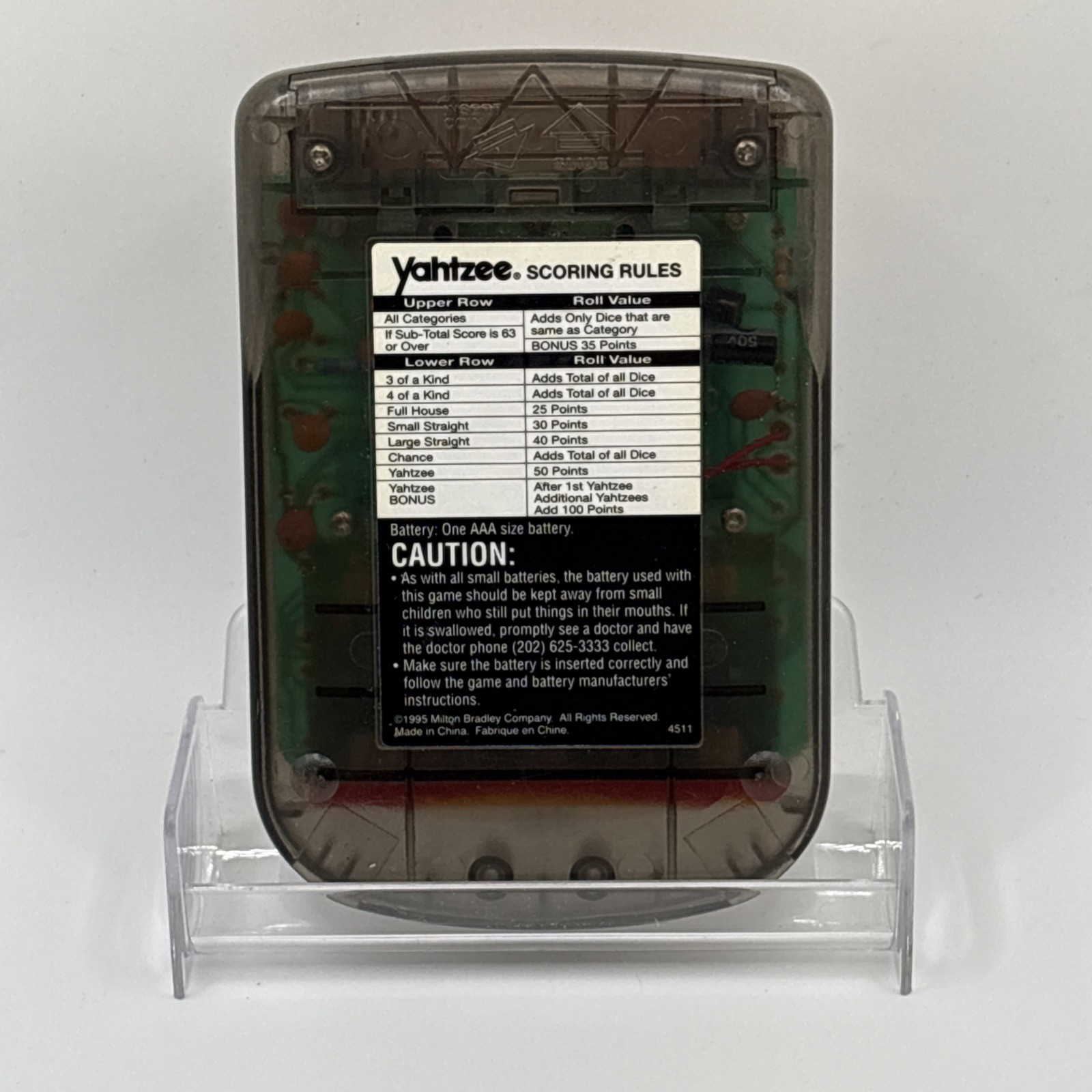 1995 Electronic Handheld Yahtzee Game Clear Smoke MB Milton Bradley 4511 TESTED