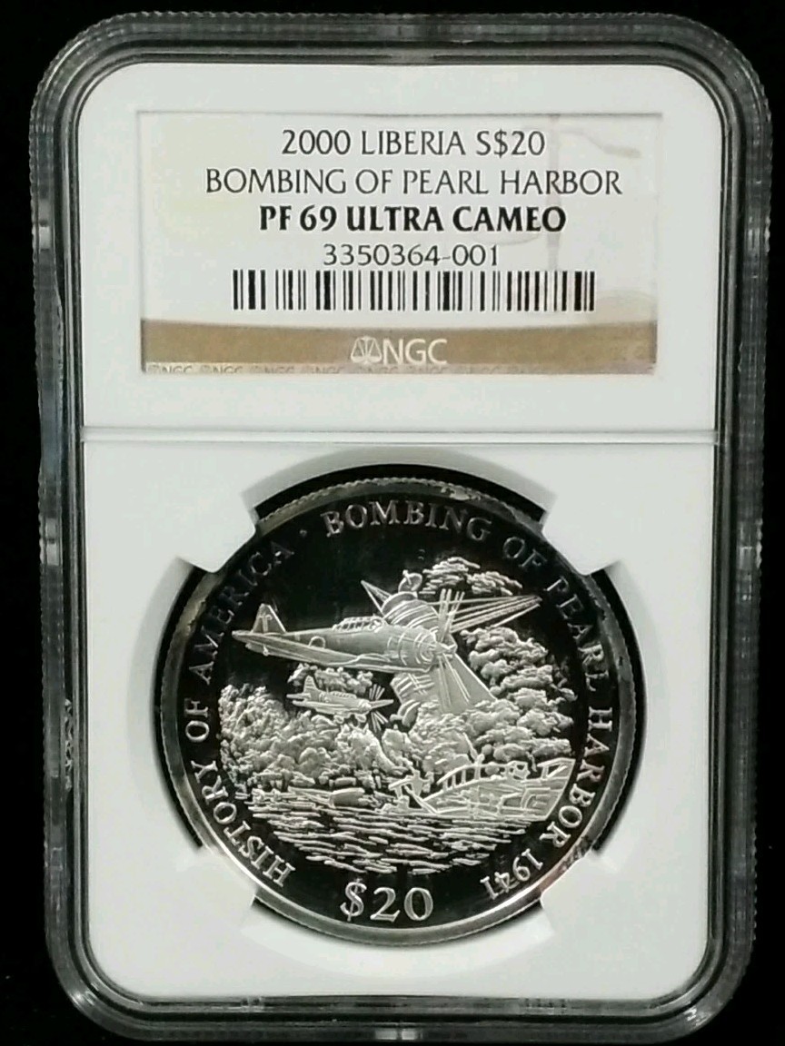 2000 LIBERIA S$20 'Bombing of Pearl Harbor' NGC PF 69UCAM .999 Proof Toned #6943