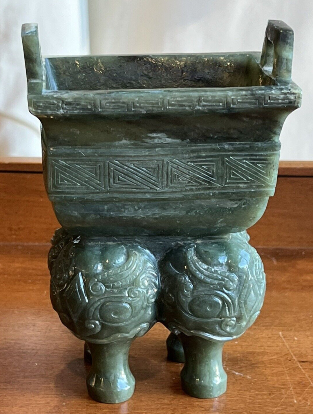 Hand Carved Dark Spinach Green Jade Asian Chinese Incense Burner Censor