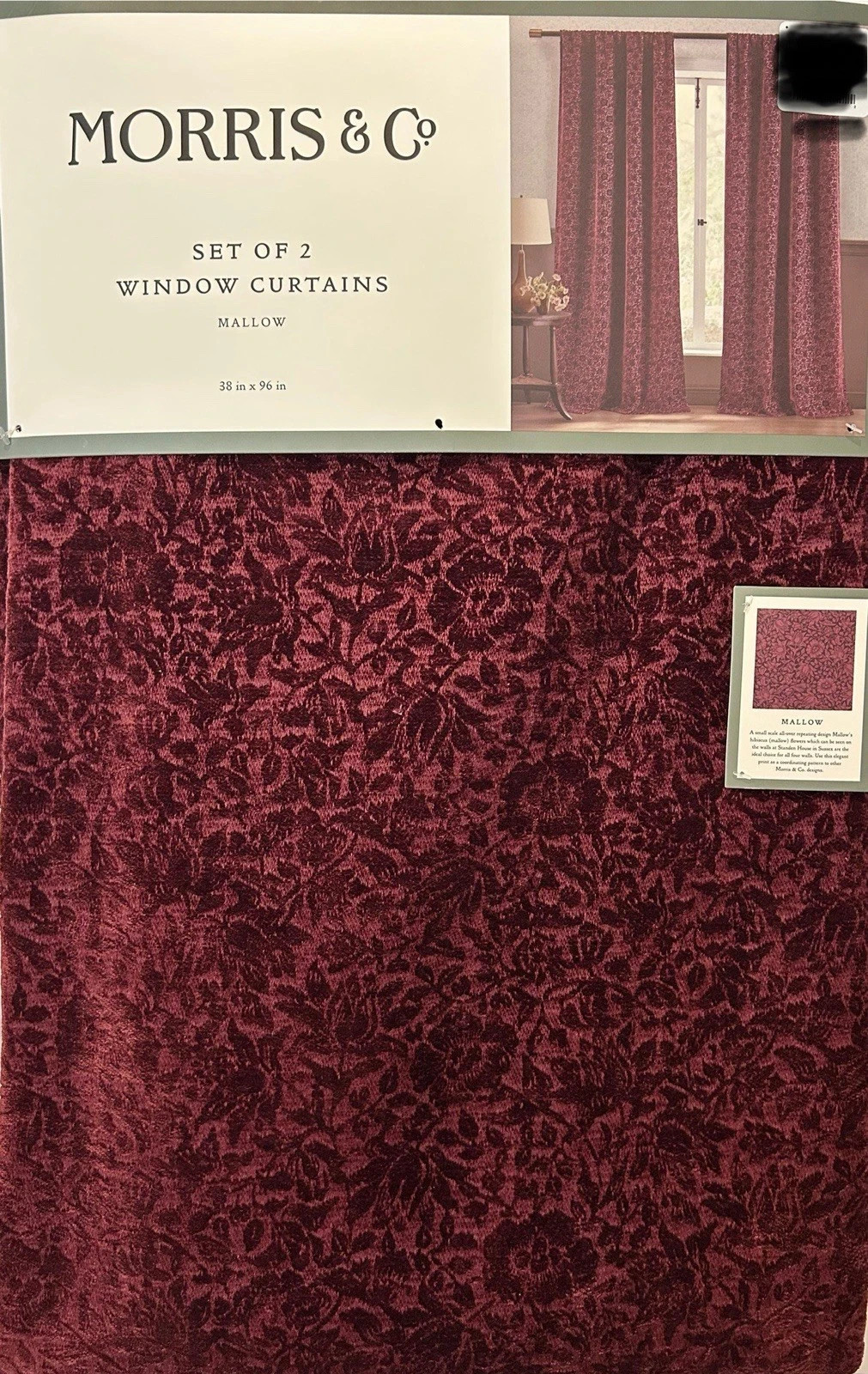 Morris & Co Mallow Burgundy Velvet Floral Back Tap Window Curtain 96” 2 Panels