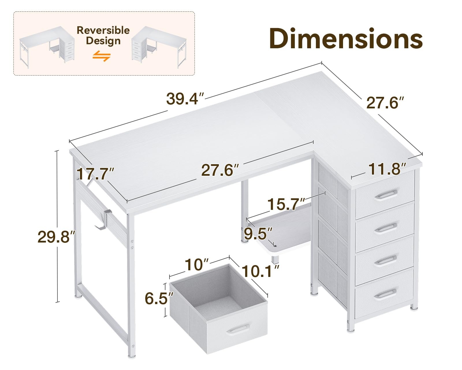 40" Escritorio Pequeño Blanco Con 4 Gavertas Cajones Para Cuarto Computadora PC