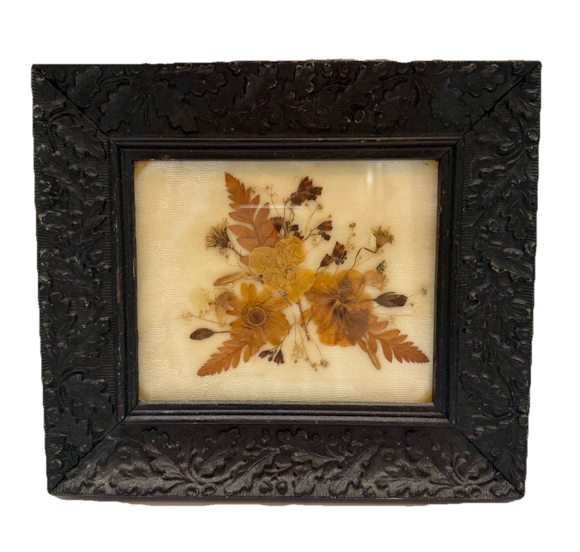 Vintage Dried Pressed Flowers Art Black Ornate Wall Hanging Frame