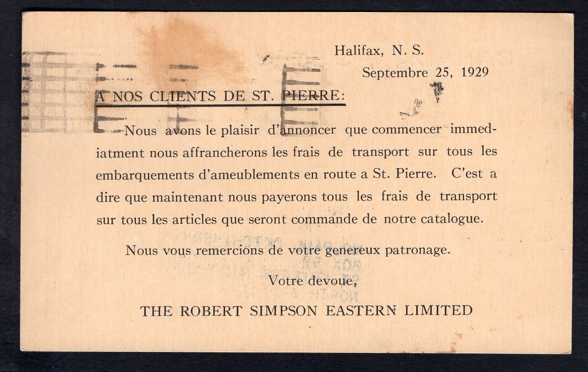 CANADA Halifax 1929 Uprated Postal Card to ST PIERRE & MIQUELON. Robert Simpson