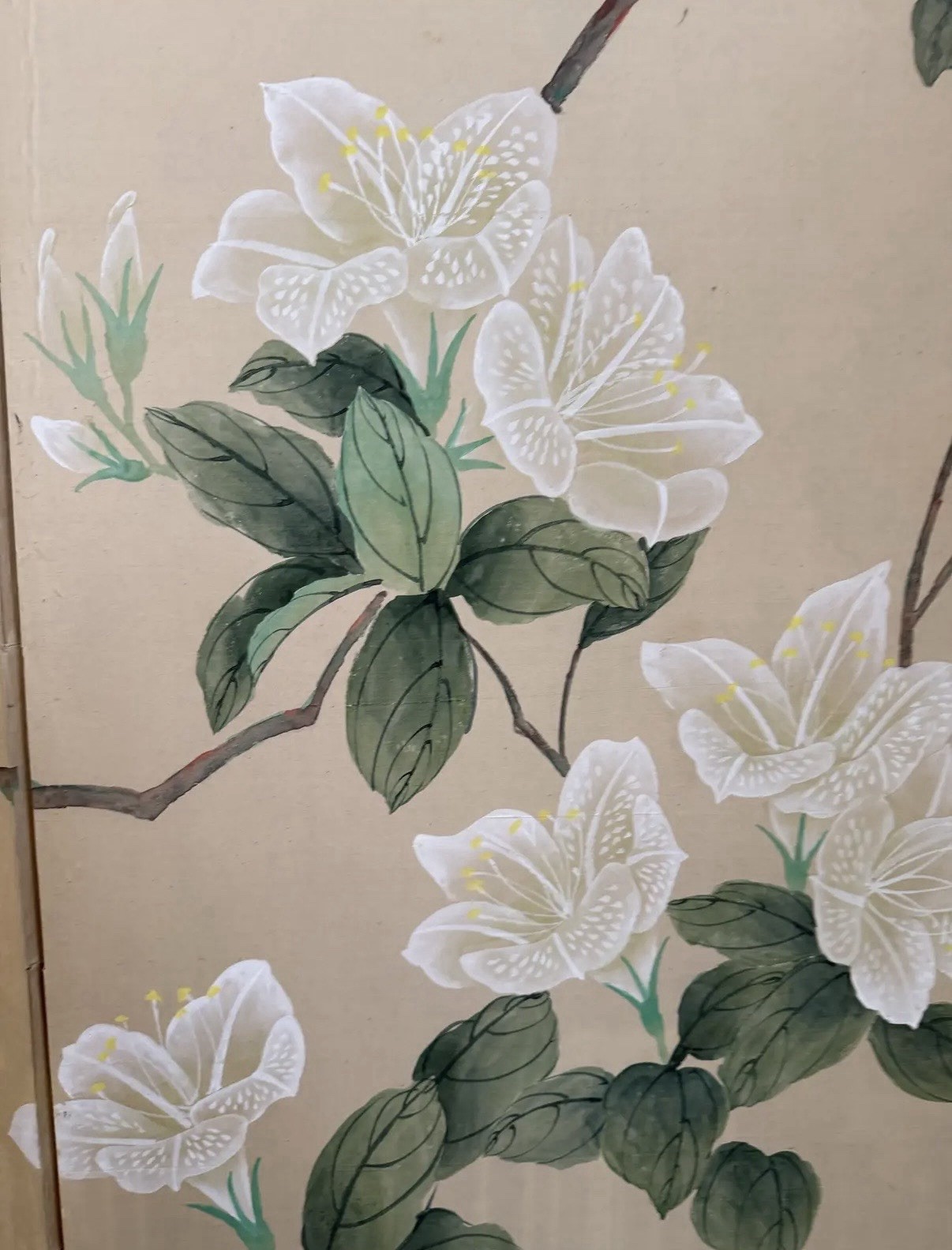 Magnificent Asian Hand Painted Magnolia & Bird Signed Four Panel Folding Screen