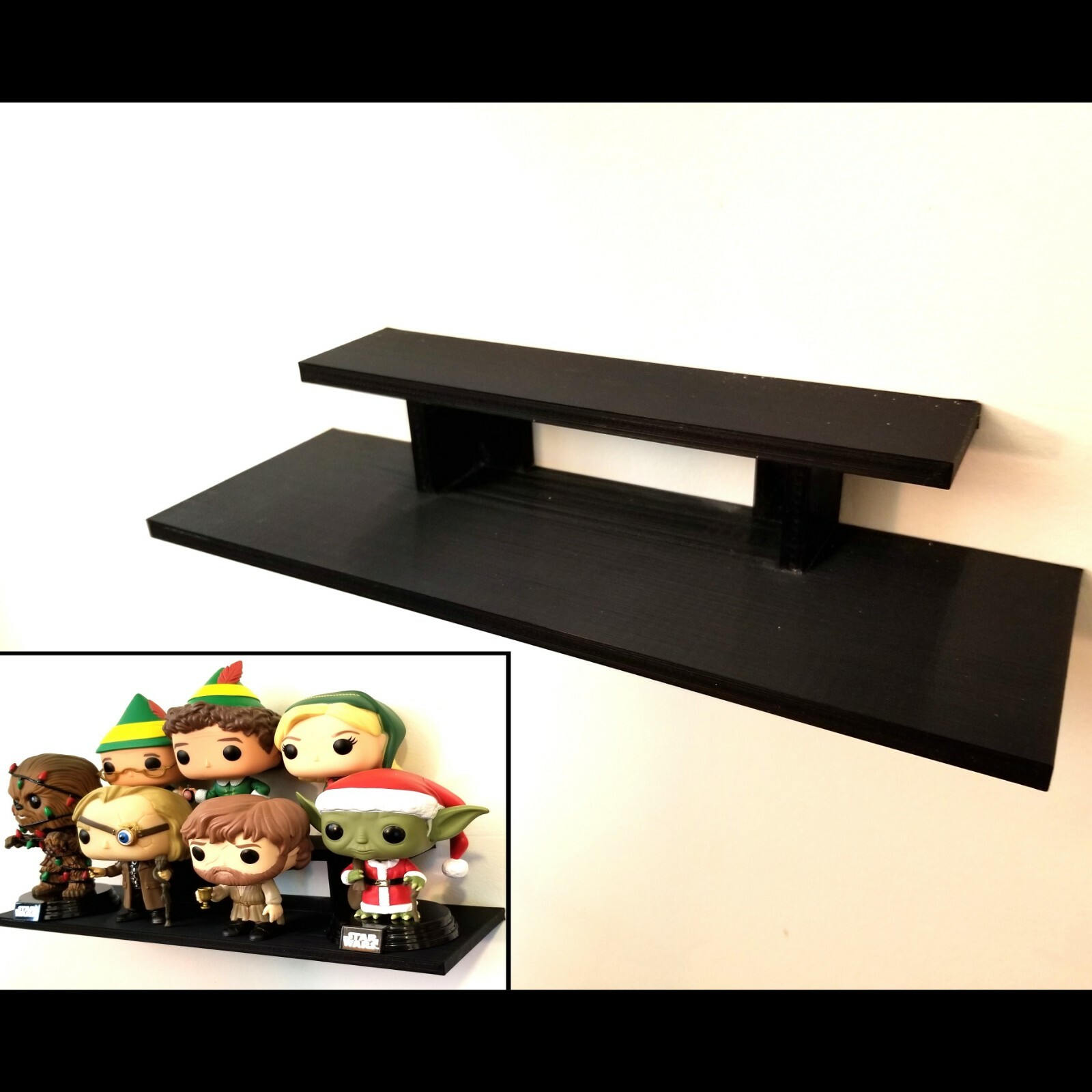 12 inch Long Black 2-Tier Wall Shelf for small Items and Figurines Display Riser