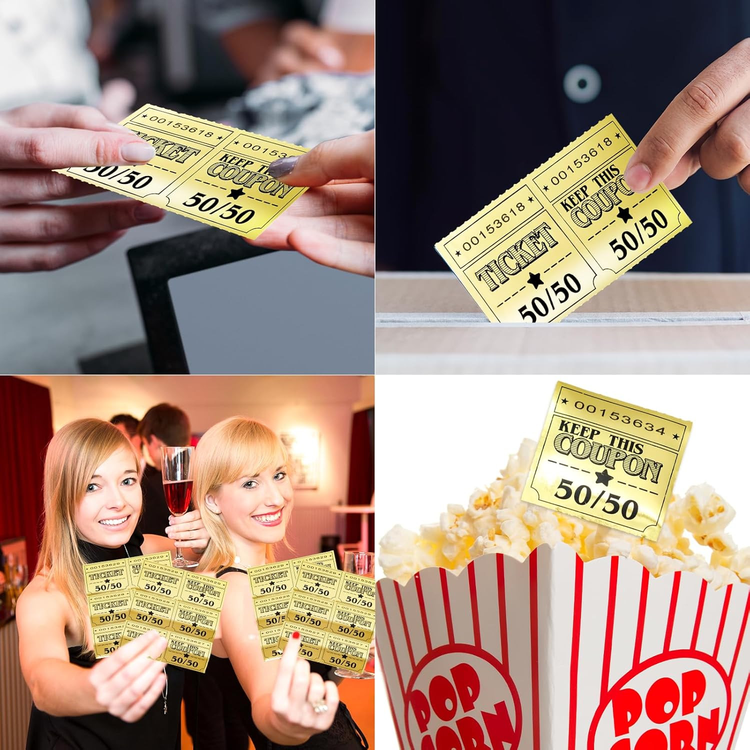 Large 50/50 Raffle Tickets Double Roll 300Pcs Gold Glitter Cards Tickets for Hap