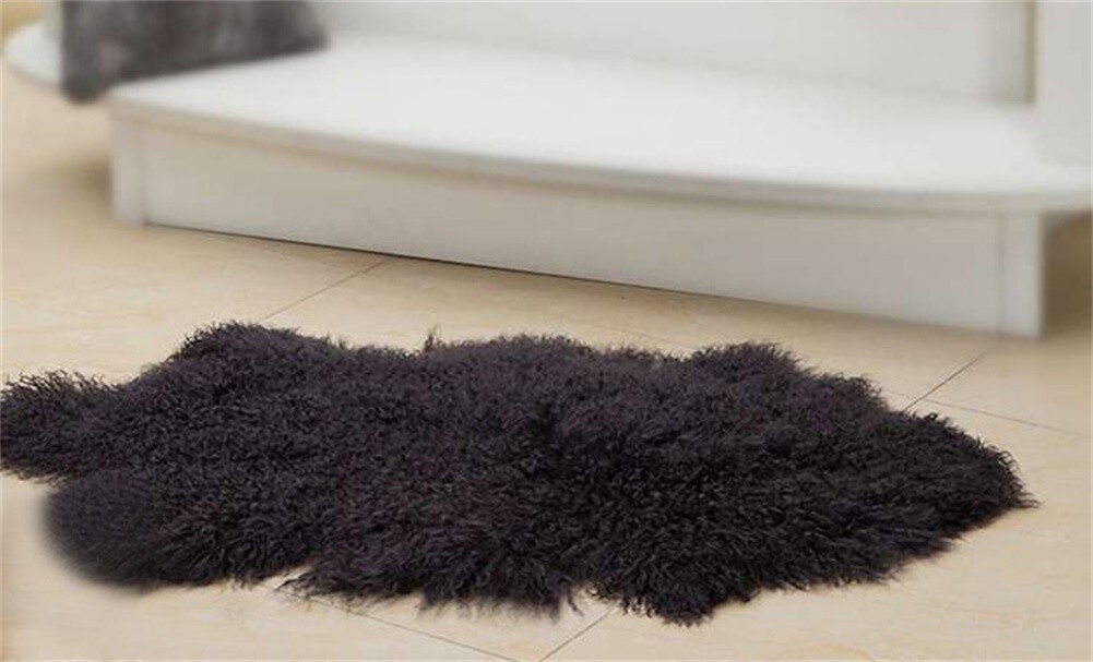 BLACK MONGOLIAN TIBETAN SHEEPSKIN RUG THROW LAMBSKIN FUR HIDE PELT CURLY HAIR